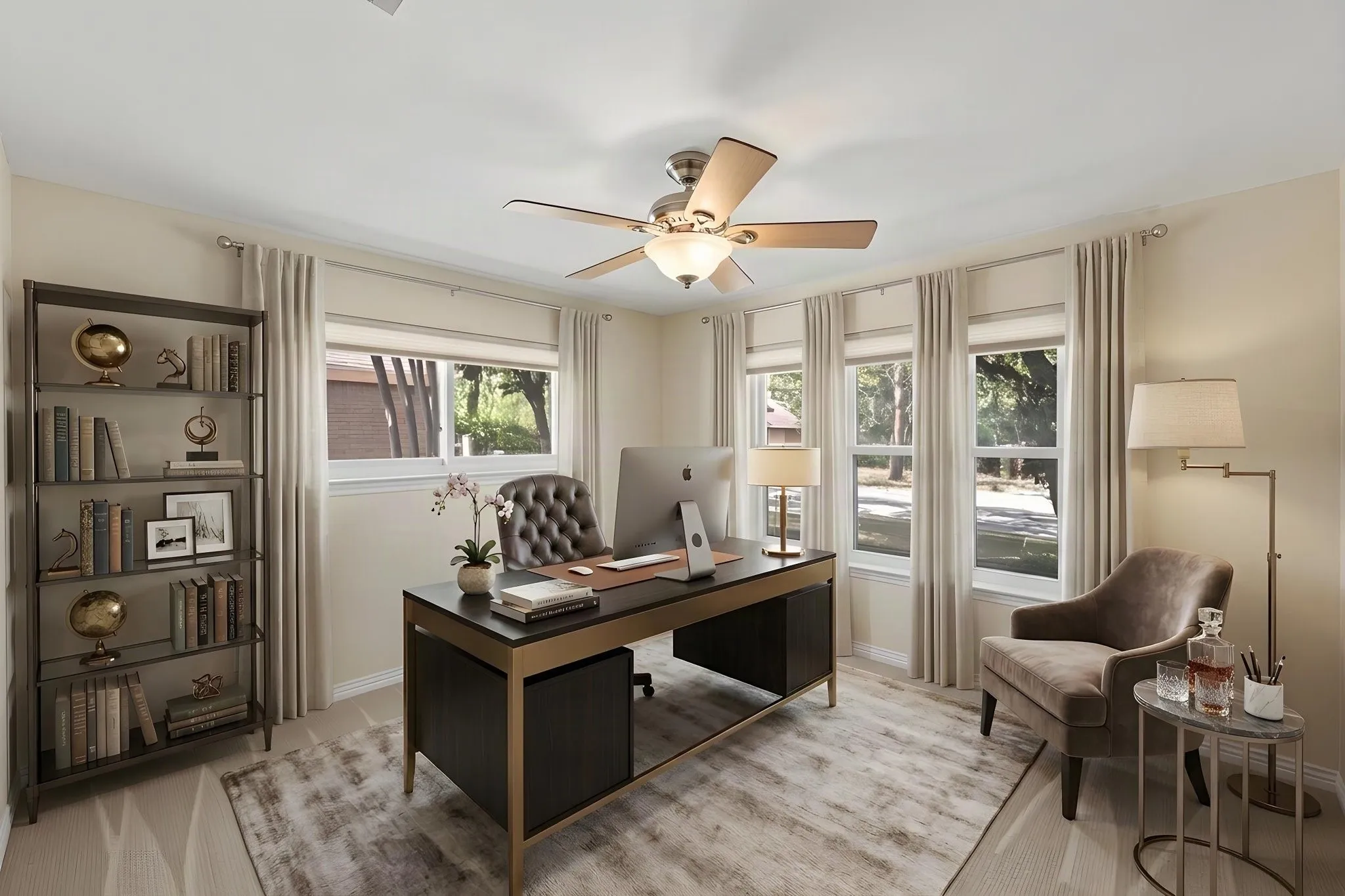 VIRTUALLY STAGED BEDROOM AS AN OFFICE   Ceiling fan with integrated lighting
