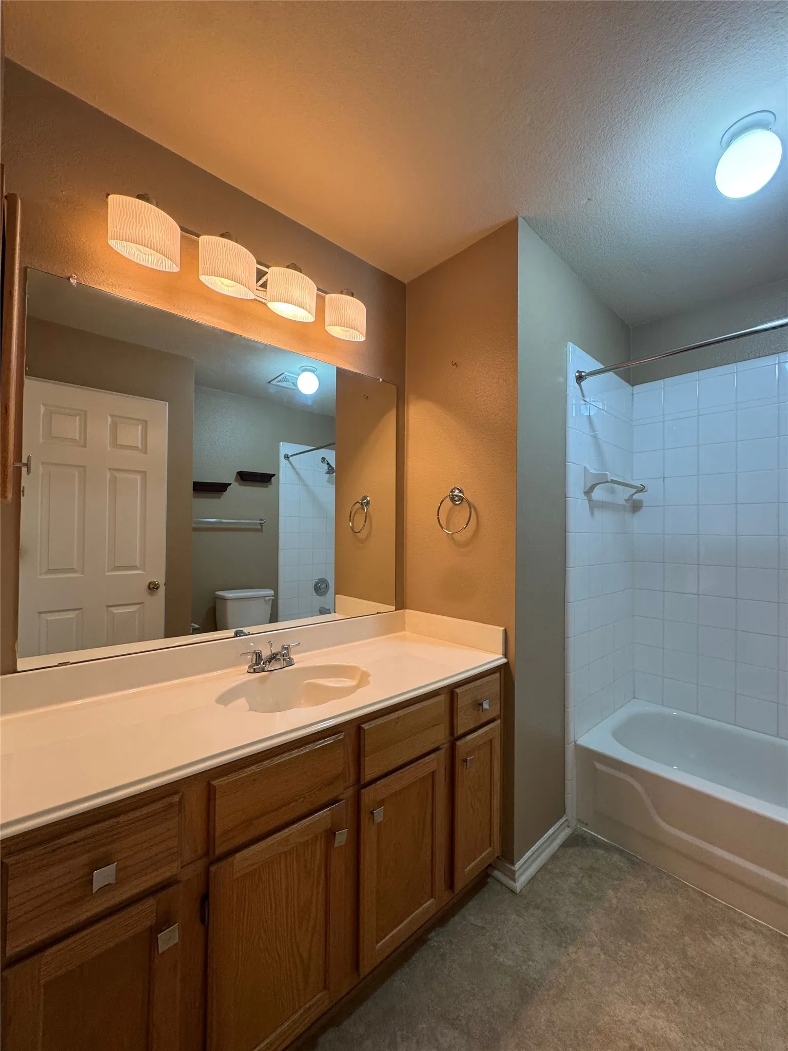 Vanity with a single basin sink, wood-finish cabinetry, and a large mirror