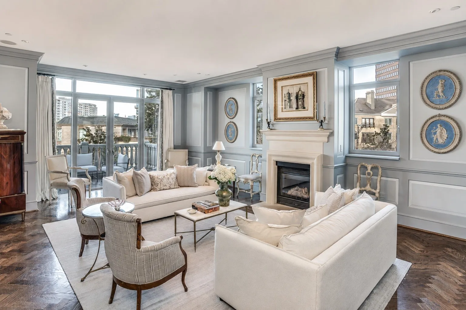 Living room with gas fireplace.