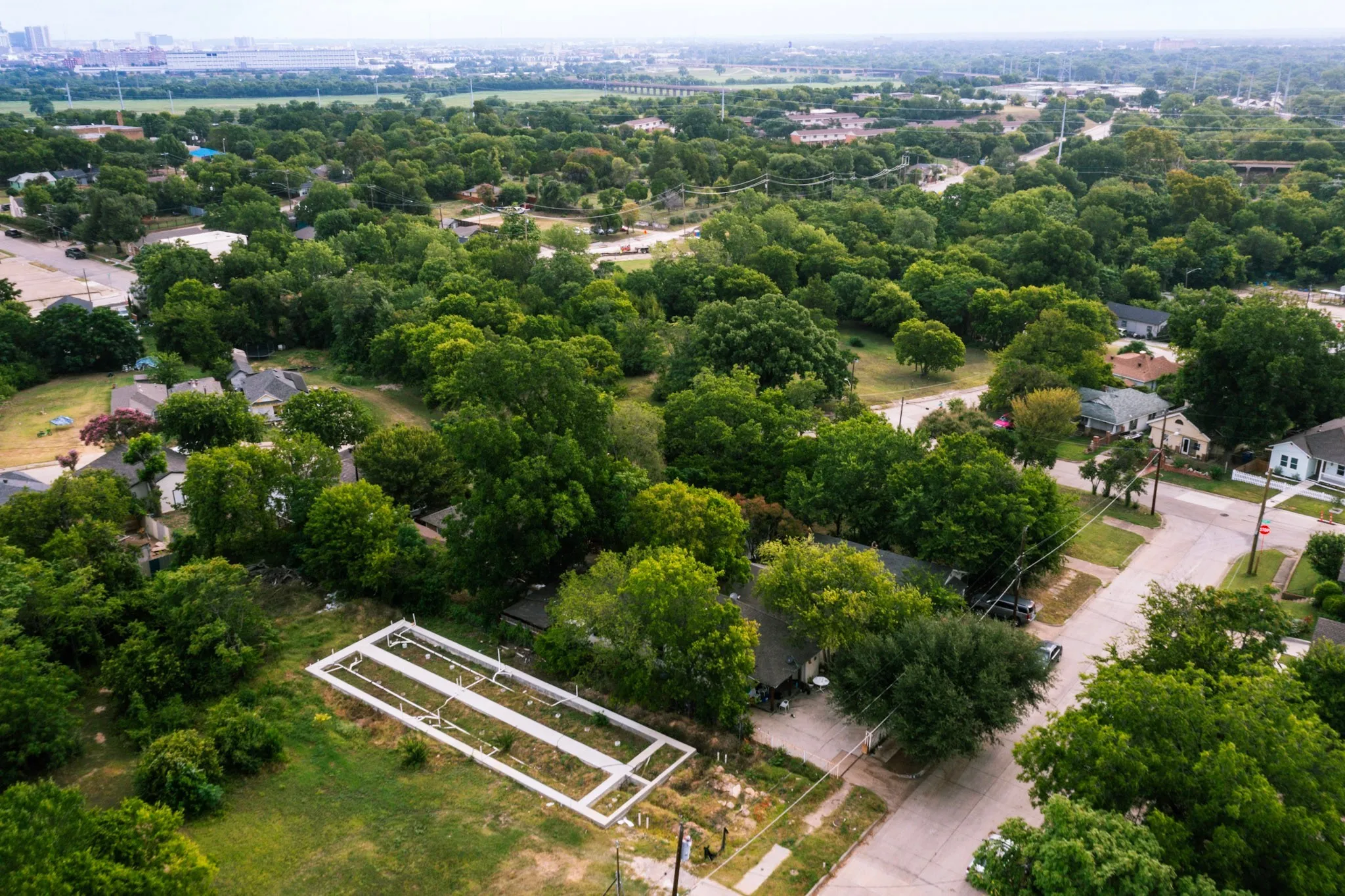 Aerial view showing the coverage of mature trees throughout the area
