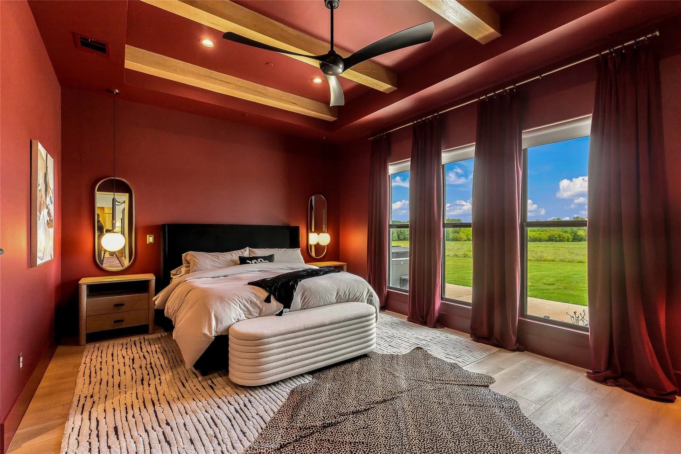 Tray ceiling with exposed white oak beams