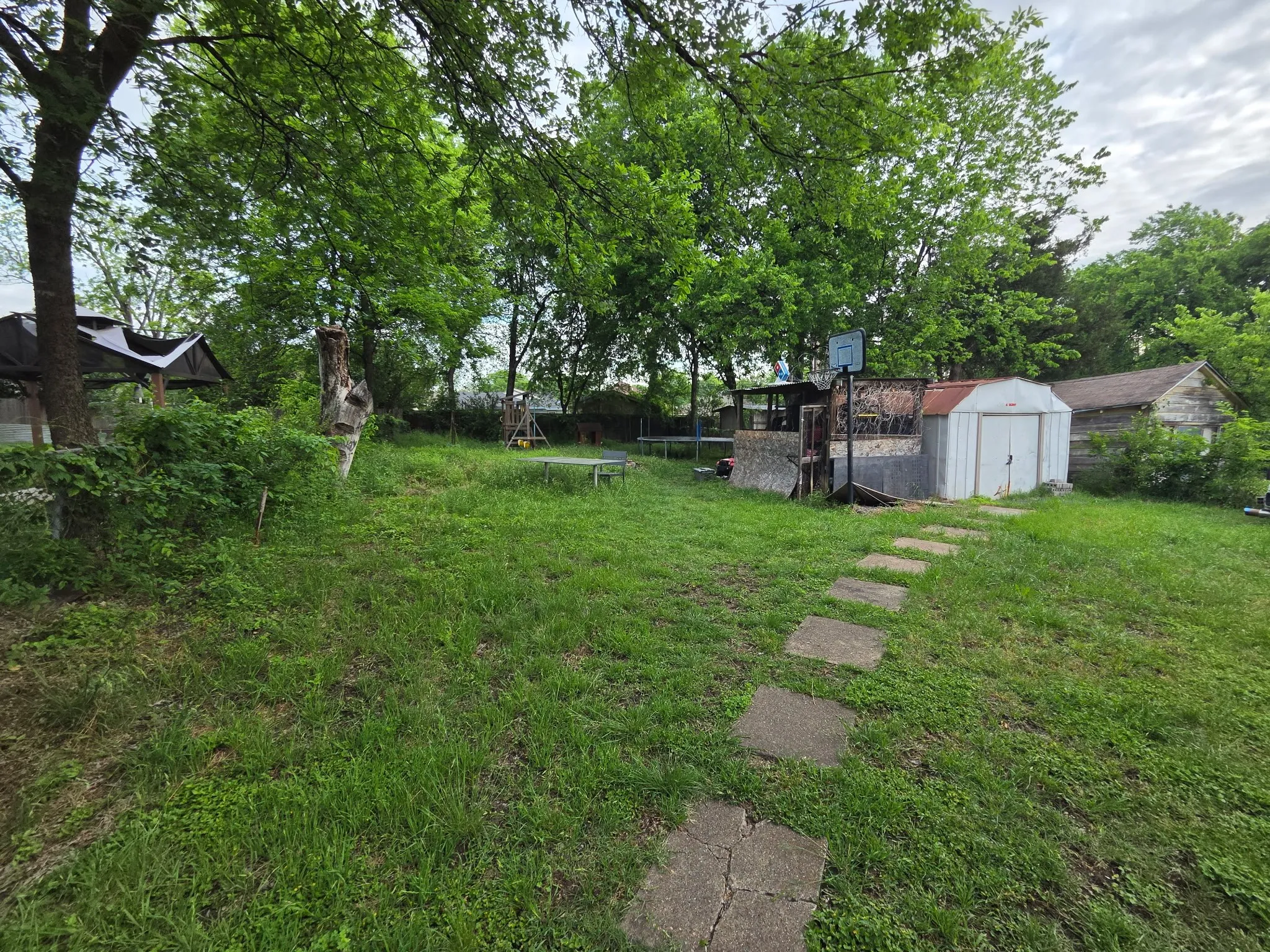 large backyard with shed