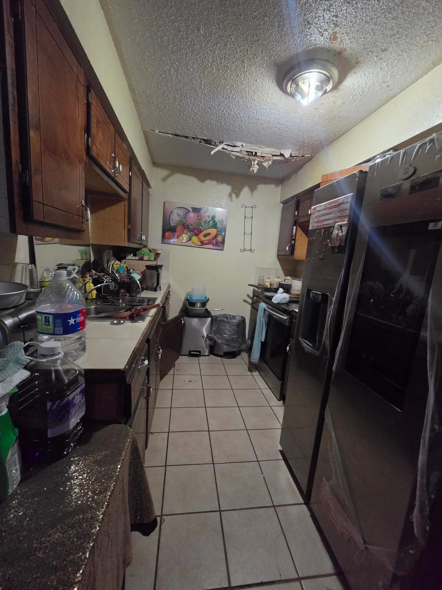 Kitchen with dual SS sink & electric range; ceramic tile flooring.