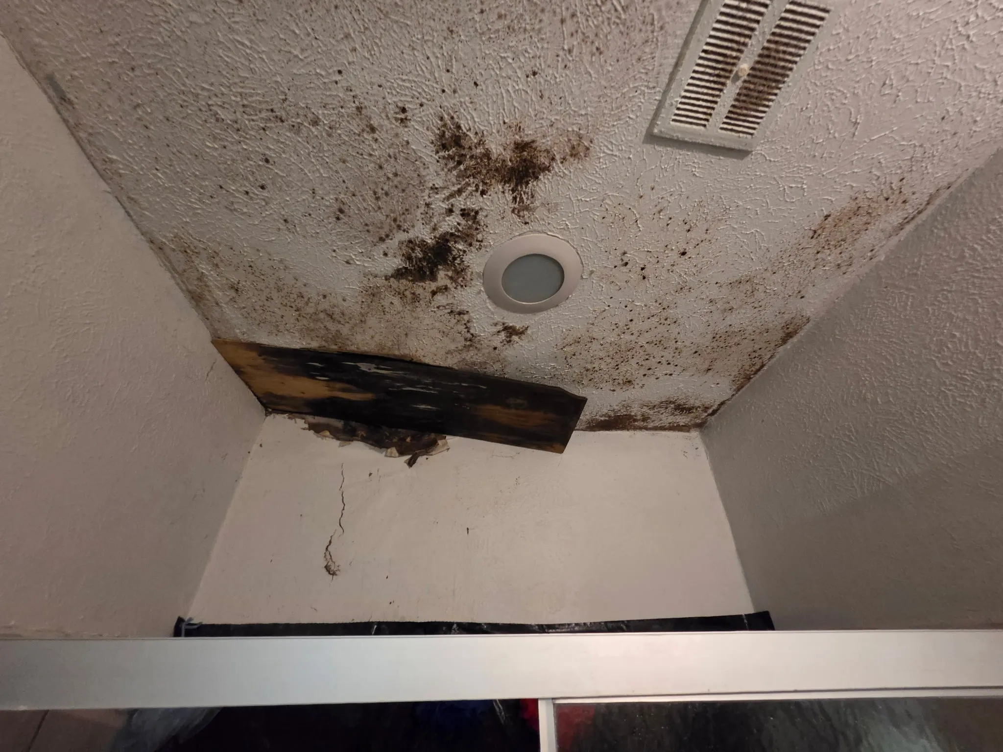 Hall bathroom shower with water damaged ceiling