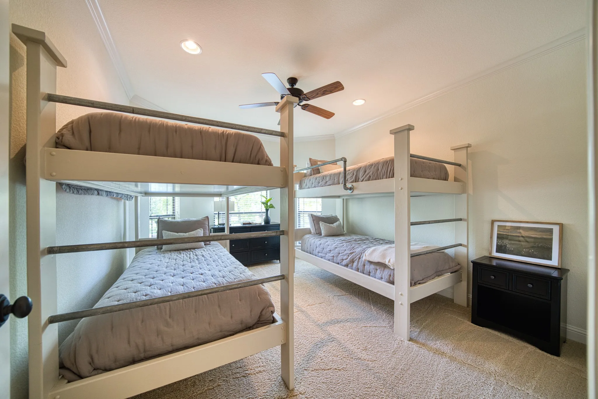 Recessed lighting, crown molding, ceiling fan, carpeted flooring, and built-in bunk beds