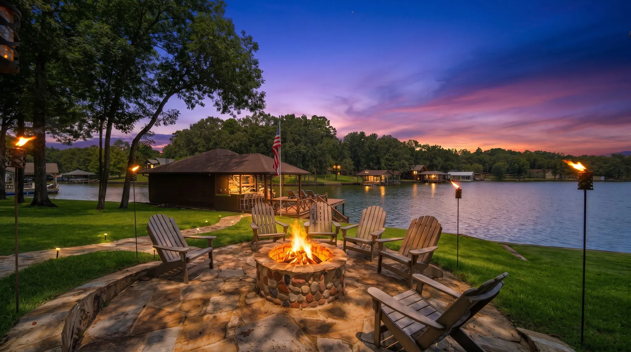 Stone-built fire pit with a flagstone patio
