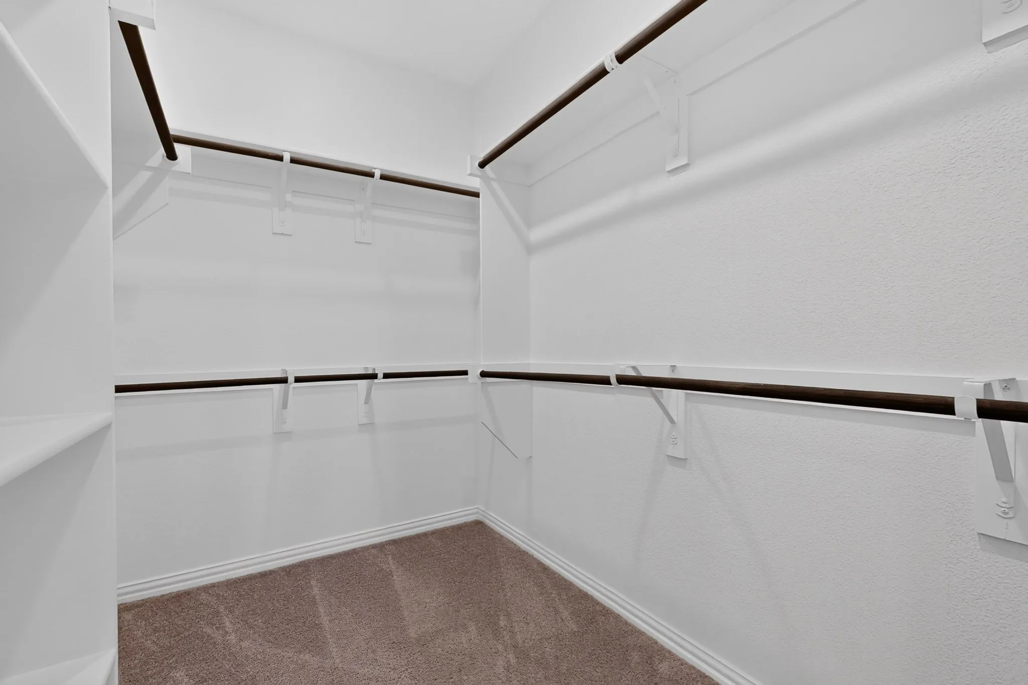 Walk-in closet with carpet flooring, white walls, built-in shelving, and multiple hanging rods