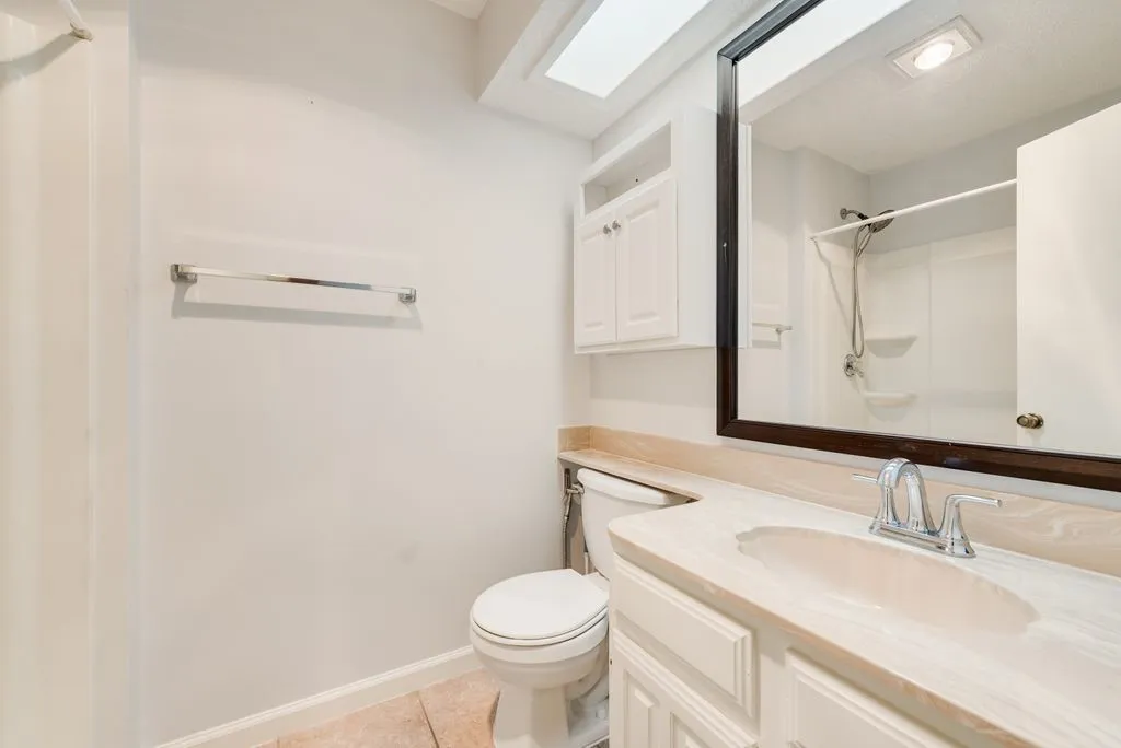 Bathroom downstairs, with a skylight, vanity with an integrated sink, polished chrome faucet, and built-in storage cabinetry