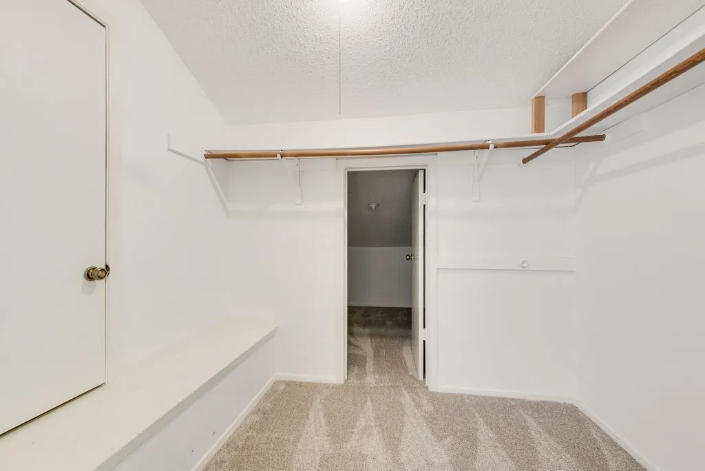 Primary closet up, Carpeted floor, built-in shelving, hanging rods, and a white door with a brass-finish knob
