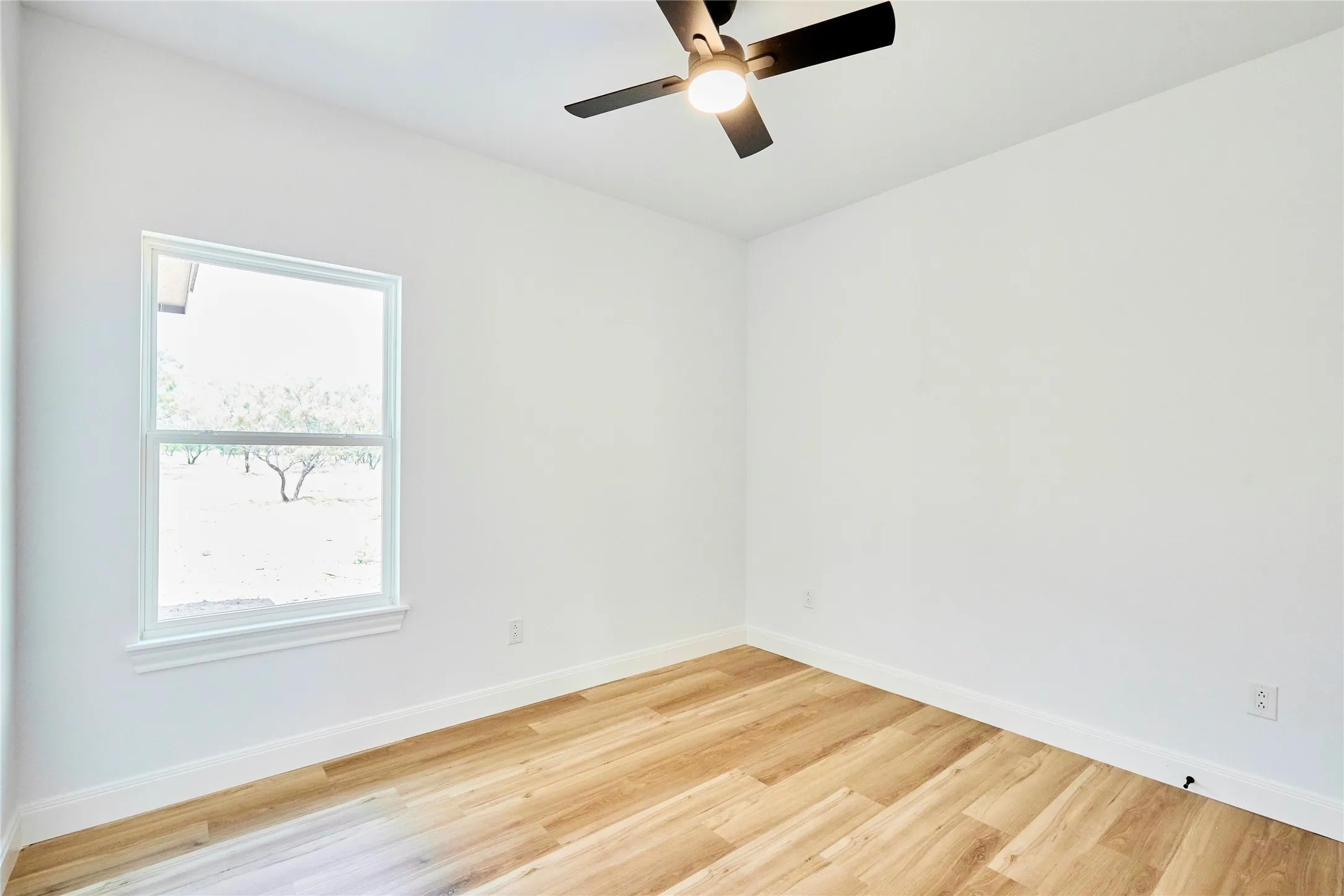 White walls, wood-finish flooring, ceiling fan with integrated lighting, and a single window