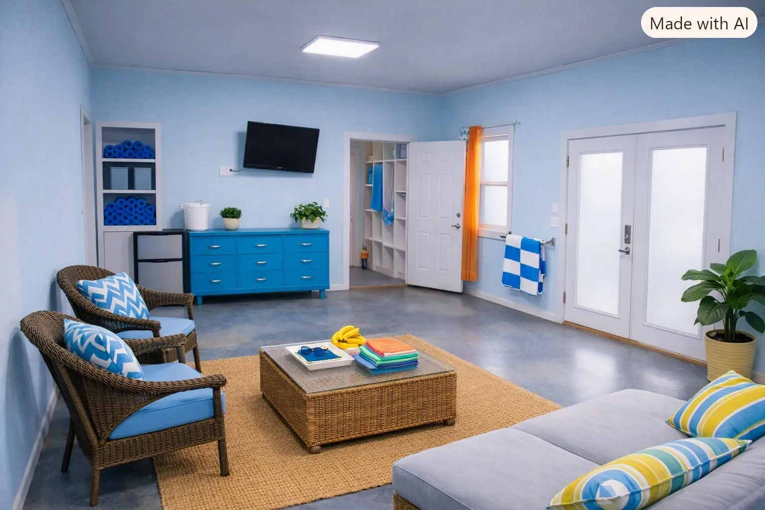 Pool house living area; furnishings are AI generated.