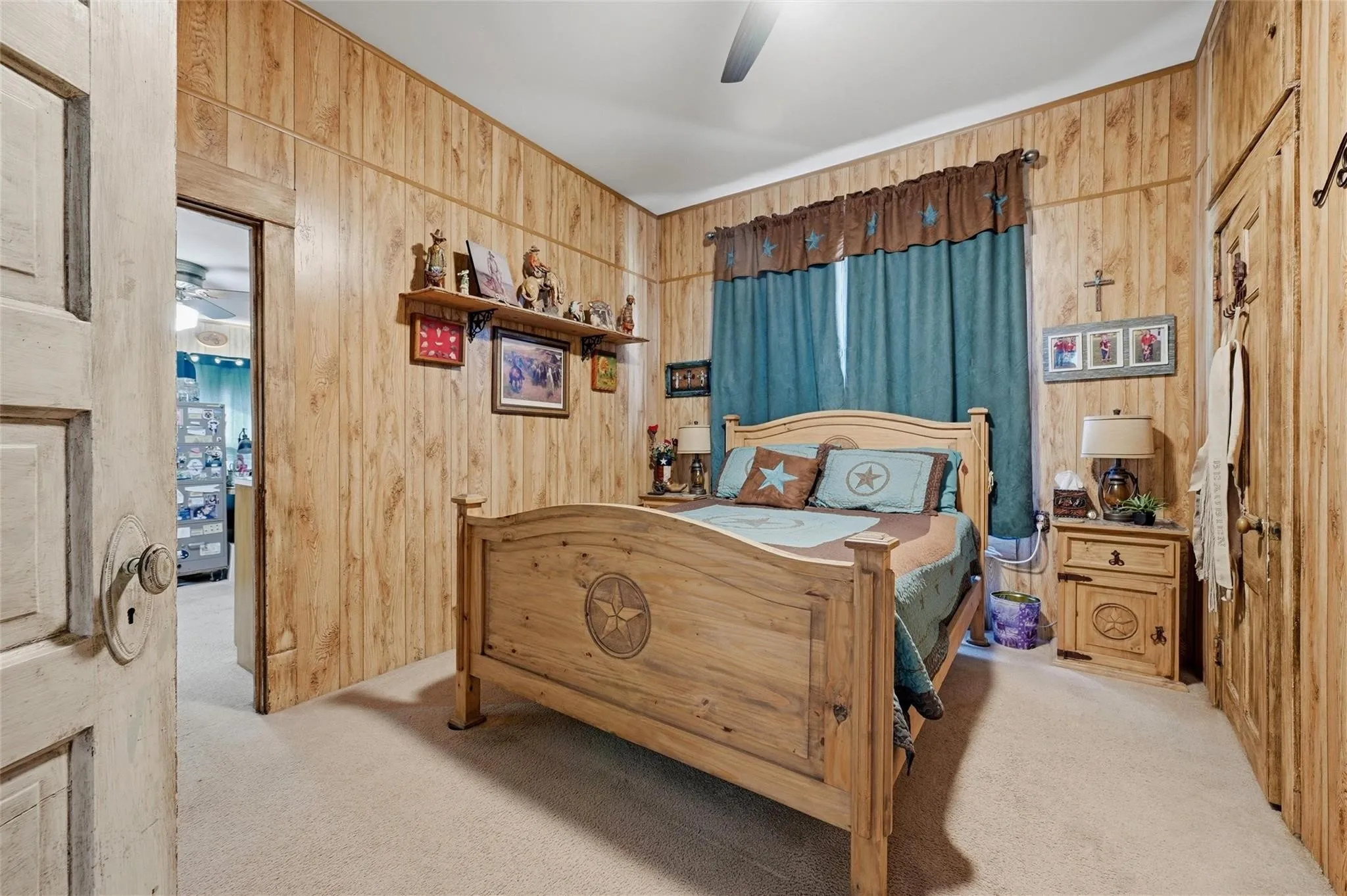 Wood-paneled walls with carpet flooring