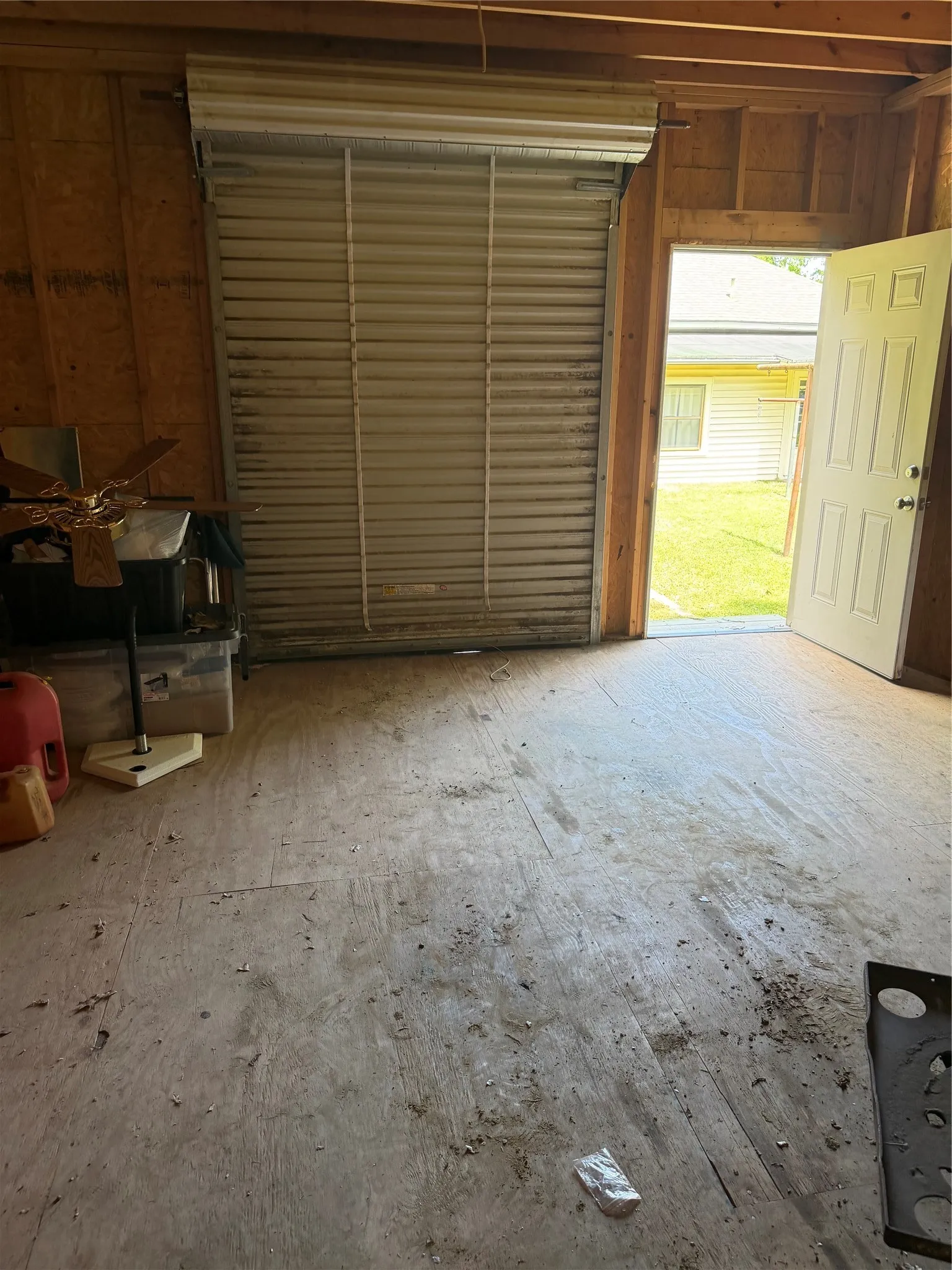 Workshop with sliding garage door for easy equipment
entrance