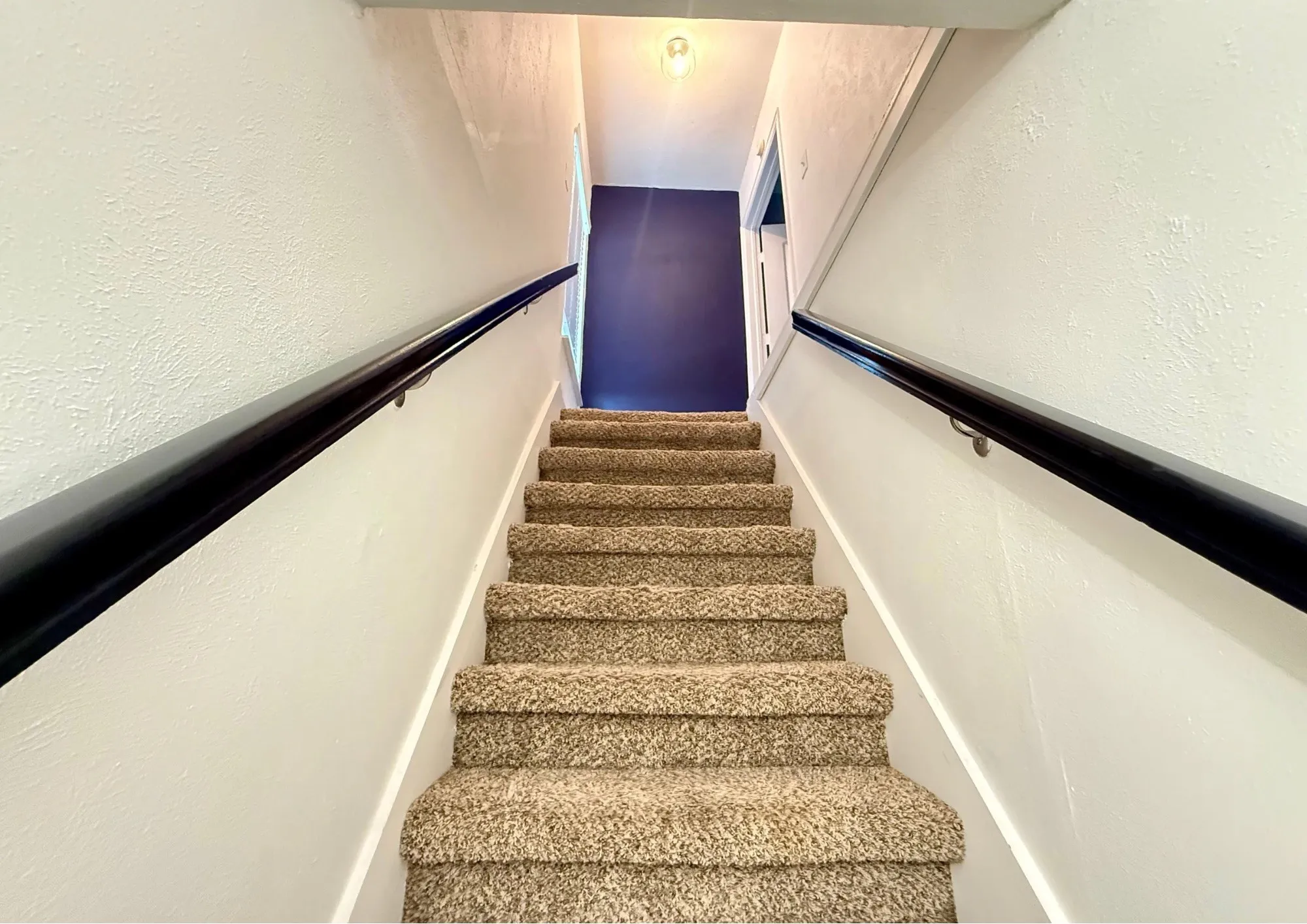 Carpeted staircase with contrasting black handrails and white wall finishes