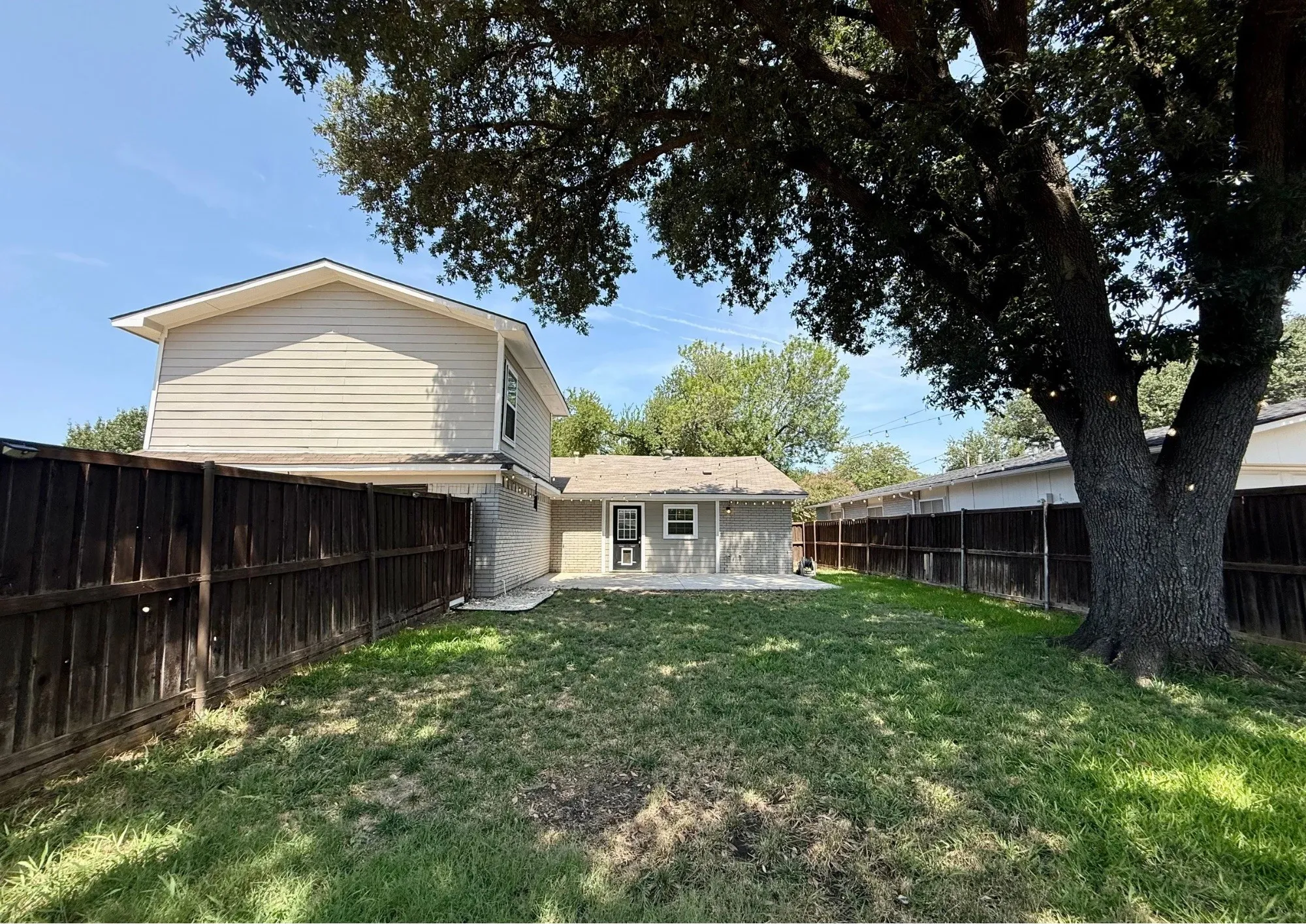 Grassed backyard with a privacy fence, mature tree, and concrete patio