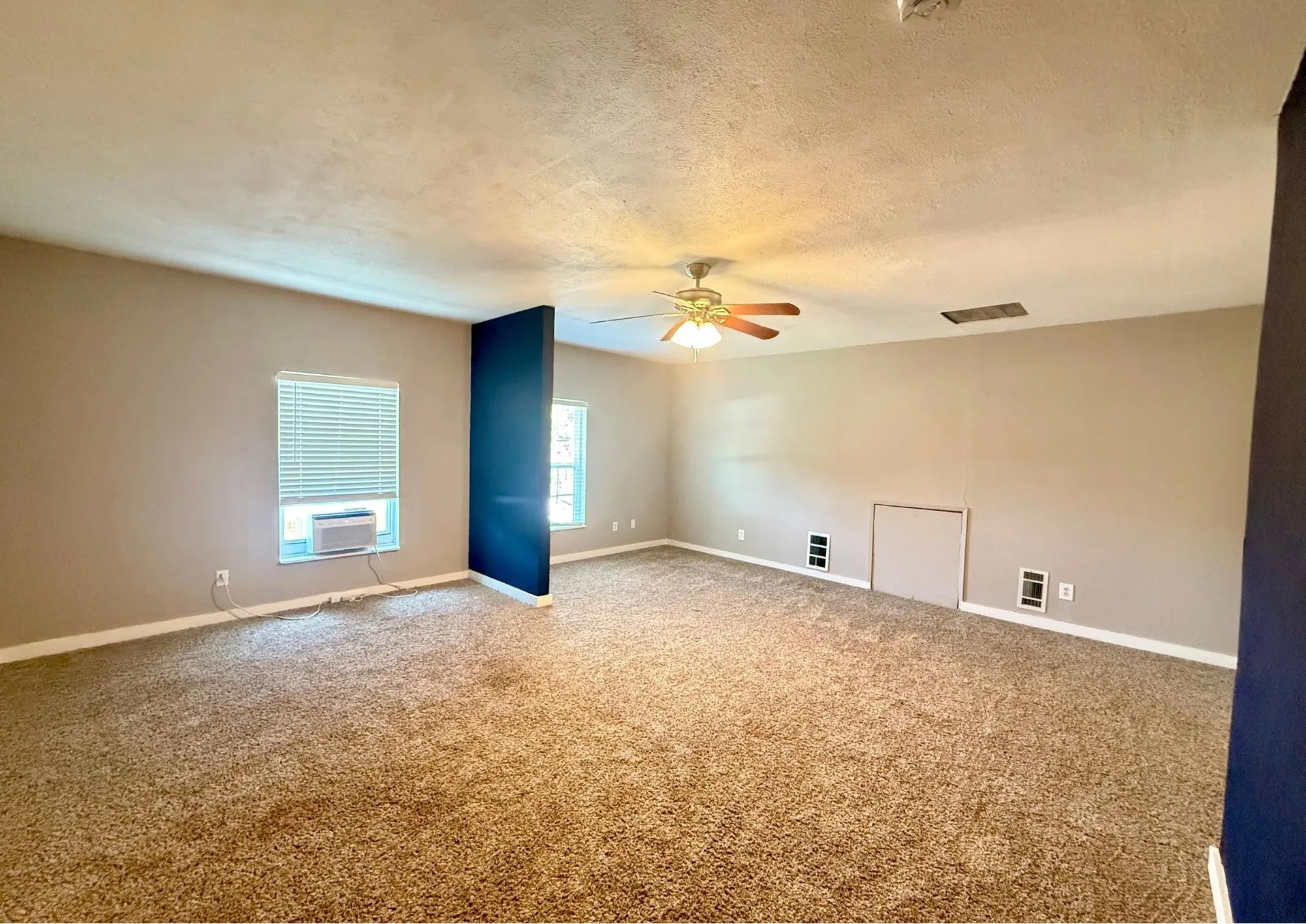 Expansive carpeted room featuring a ceiling fan, multiple windows with blinds, and neutral-toned walls