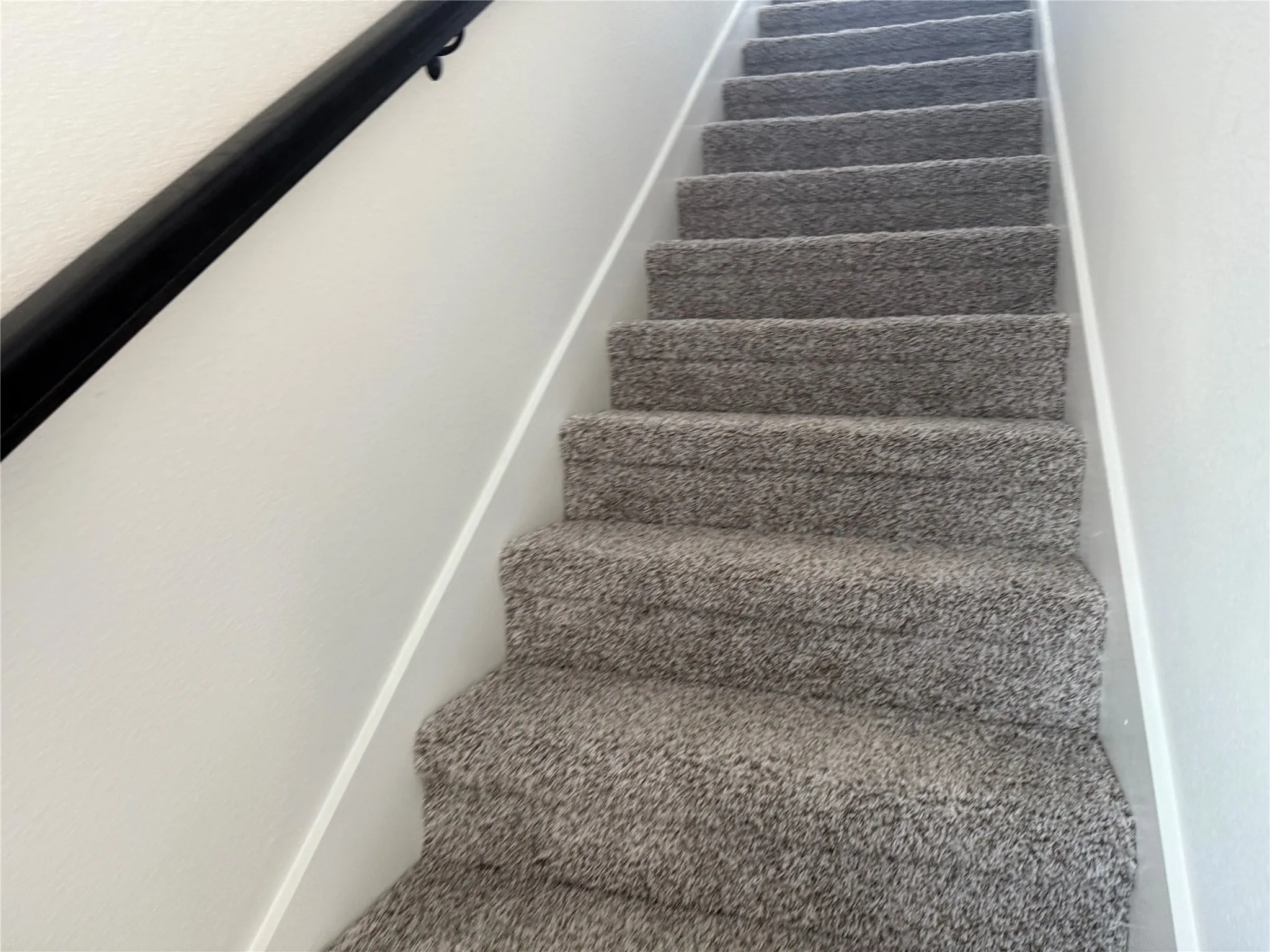 Stairway featuring gray carpeting, white risers, and a black handrail