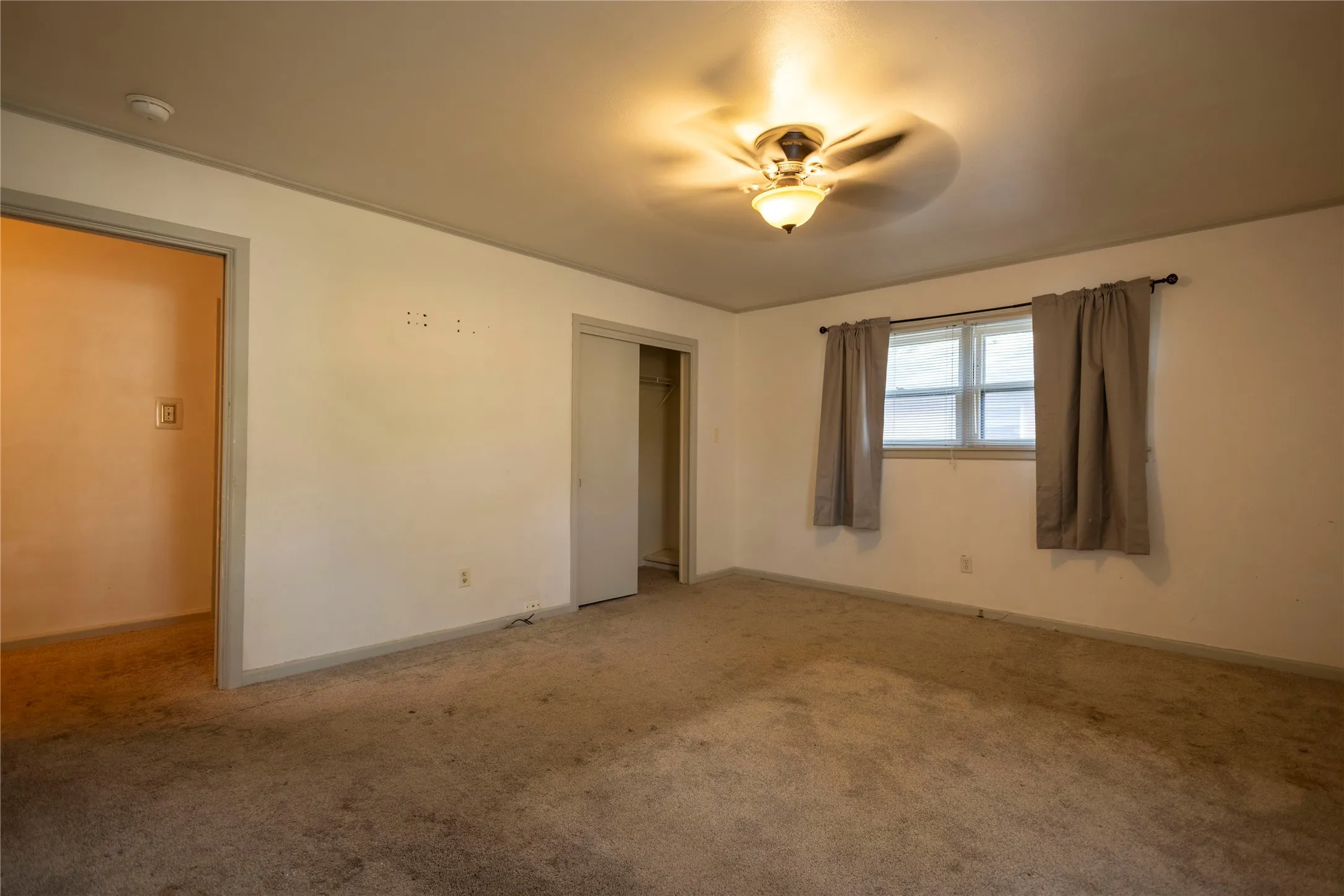 Carpeted flooring, ceiling fan with integrated lighting, and a window with trim