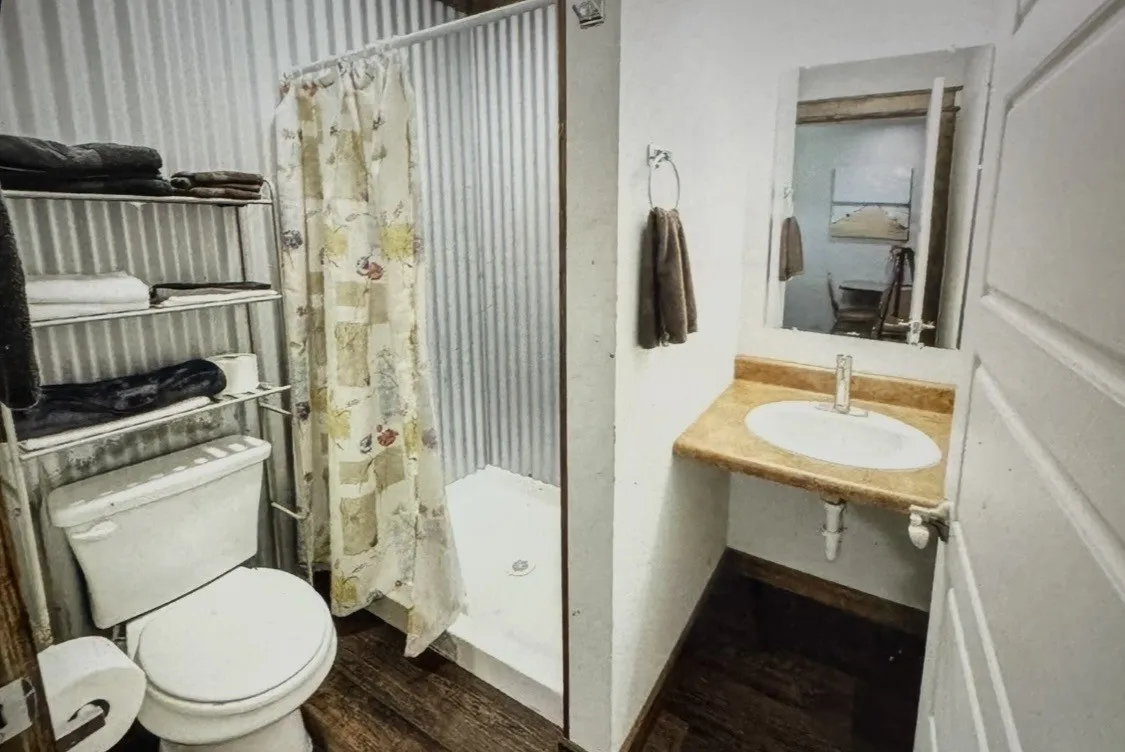 Compact bathroom featuring a shower stall, wood-finish flooring, a wall-mounted vanity with an integrated sink, and a mirrored wall cabinet