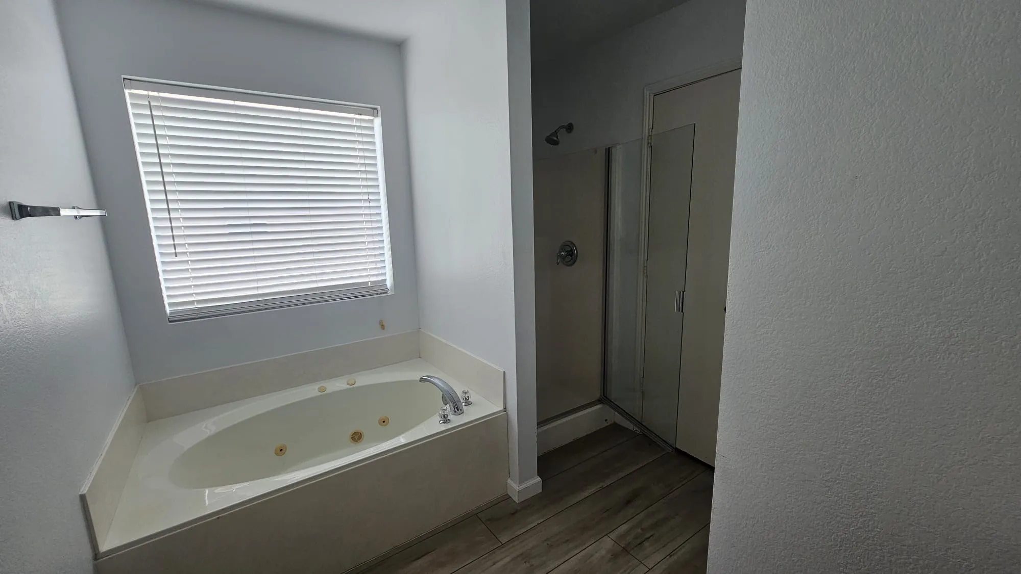 Built-in soaking tub with jets, separate glass-enclosed shower, and wood-finish flooring