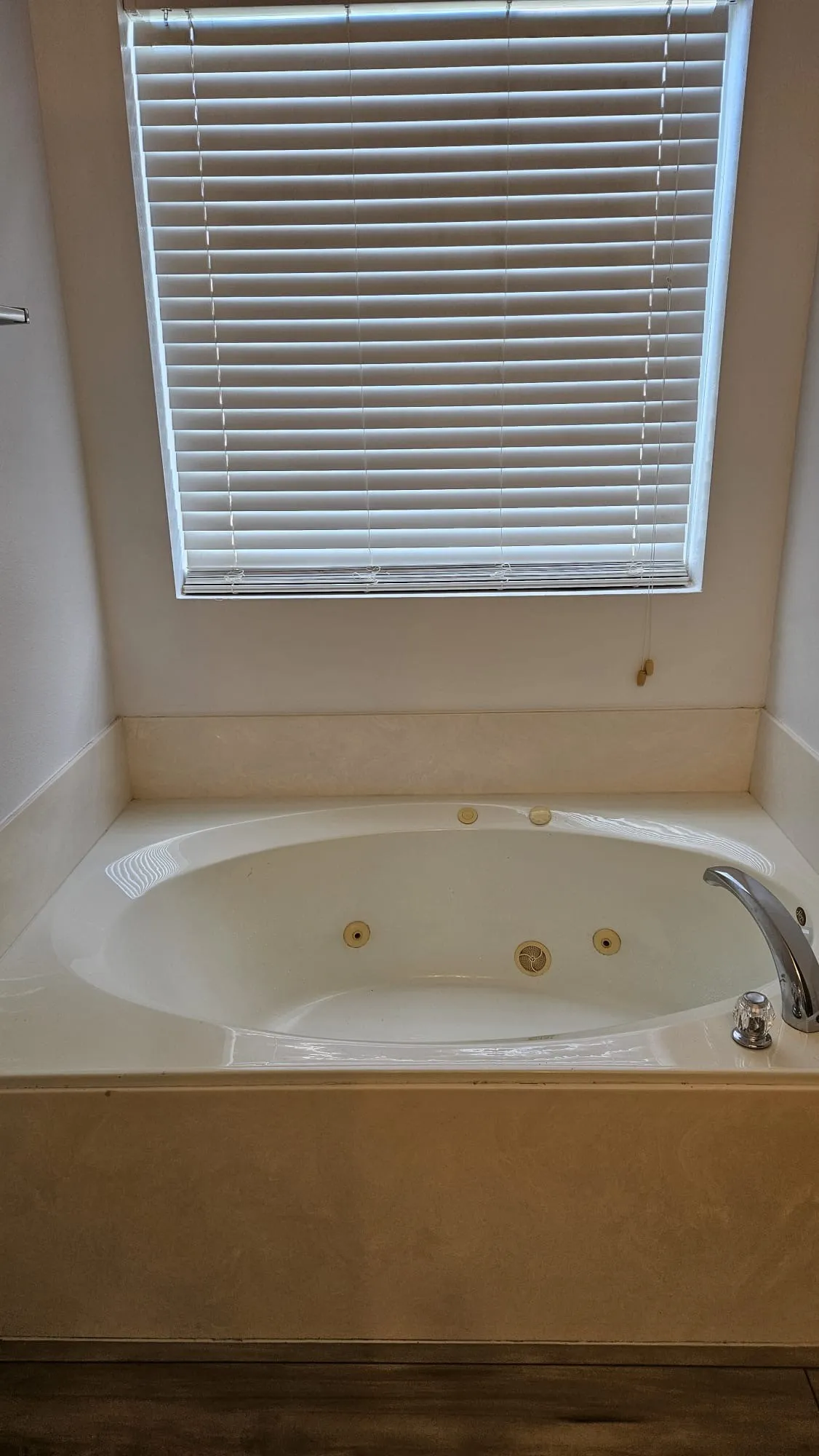 Jetted soaking tub with a deck-mounted faucet and a wide ledge, complemented by wood-finish flooring