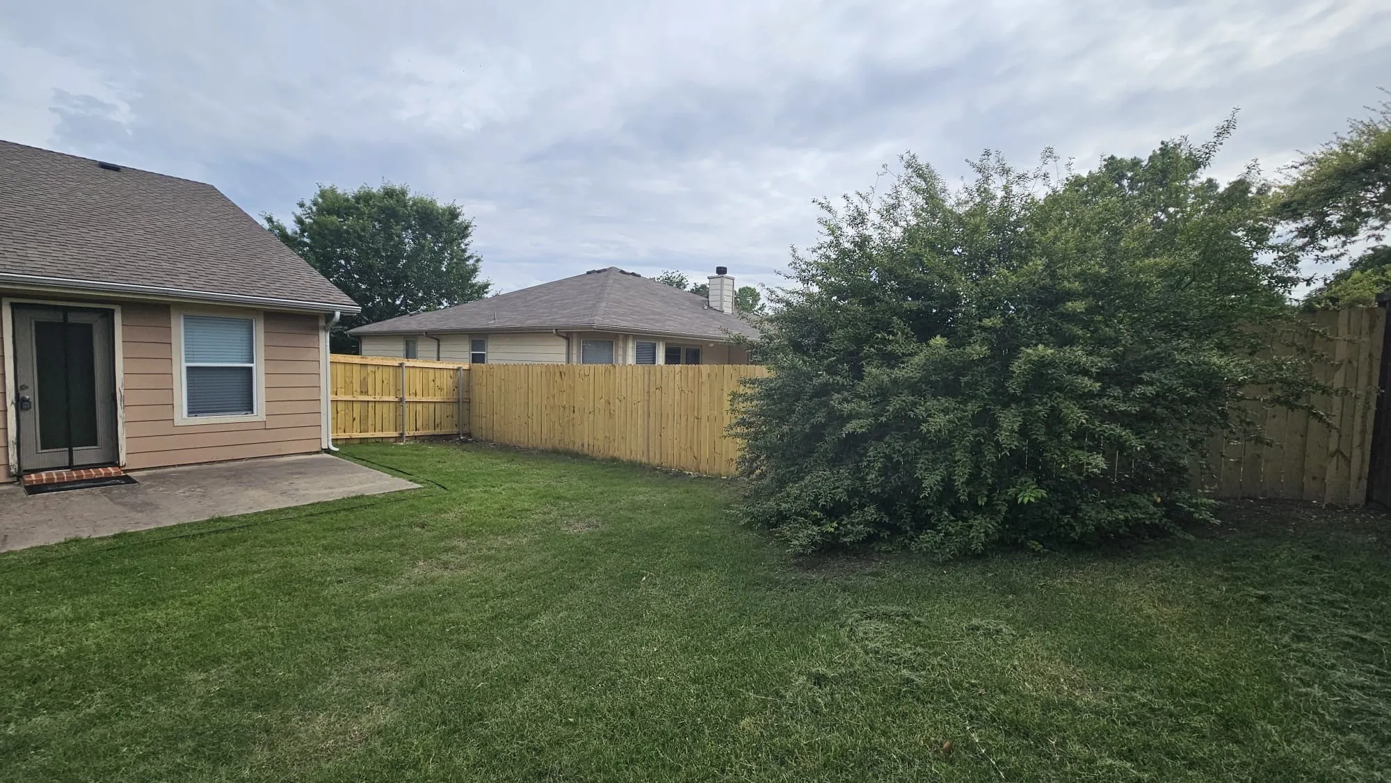 Expansive lawn area with a newly installed wood privacy fence, concrete patio, and mature shrubbery