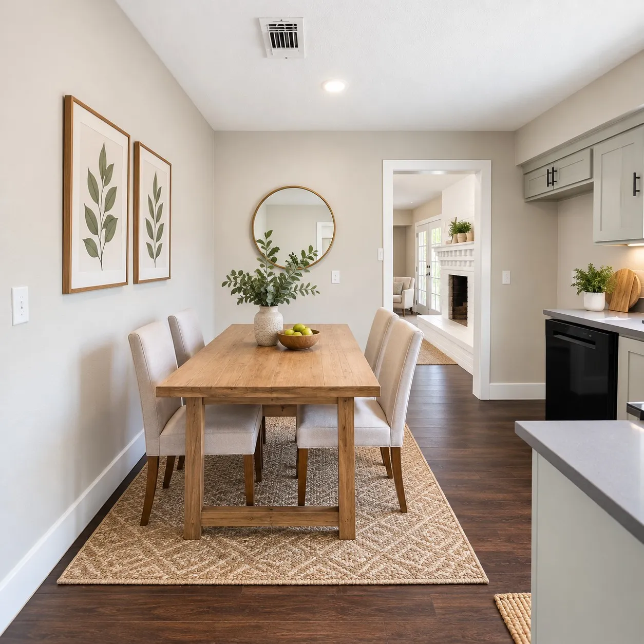 Wood-finish flooring throughout, light gray cabinetry with dark hardware, built-in dishwasher, and ample counter space