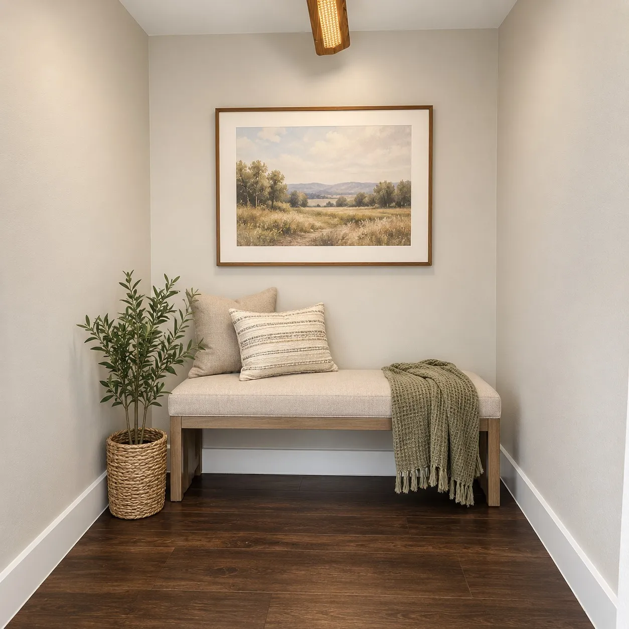 Wood-finish flooring, light neutral wall paint, and recessed ceiling lighting