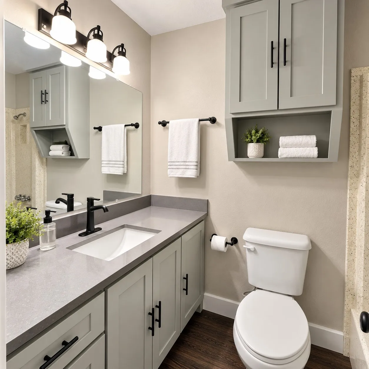 Bathroom featuring a vanity with a rectangular sink, dark wood-finish flooring, gray cabinetry, and a wall-mounted medicine cabinet with an open shelf