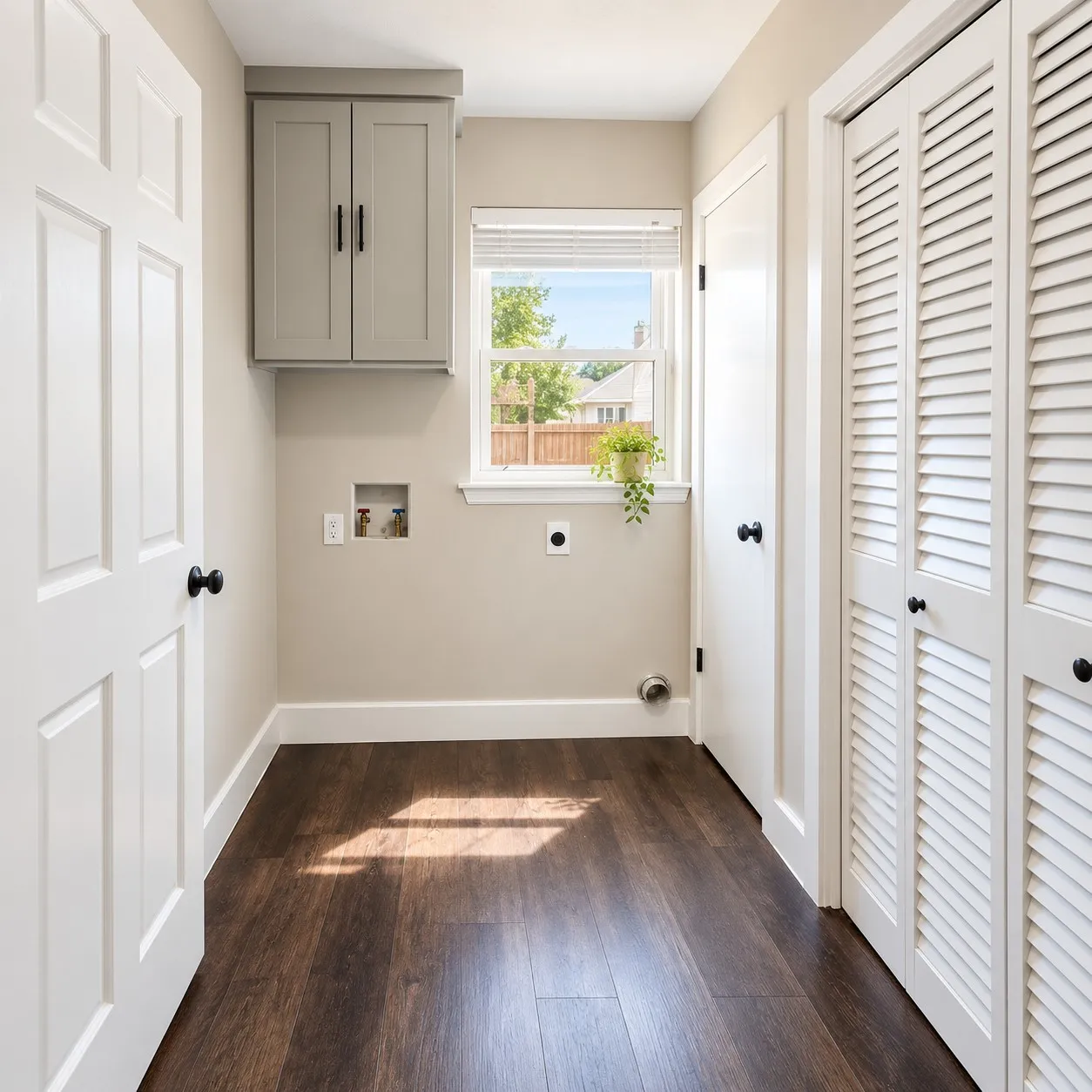 Wood-finish flooring, white trim, and a window for natural light