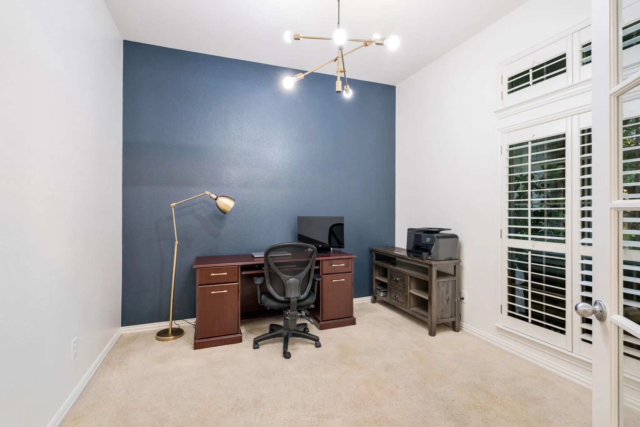 Brand new light from Study with West Elm chandelier, plantation shutters and French doors, plus a closet. This is a dedicated study and not counted as a bedroom count but it has windows and a closet so it could be a 5 th bedroom.