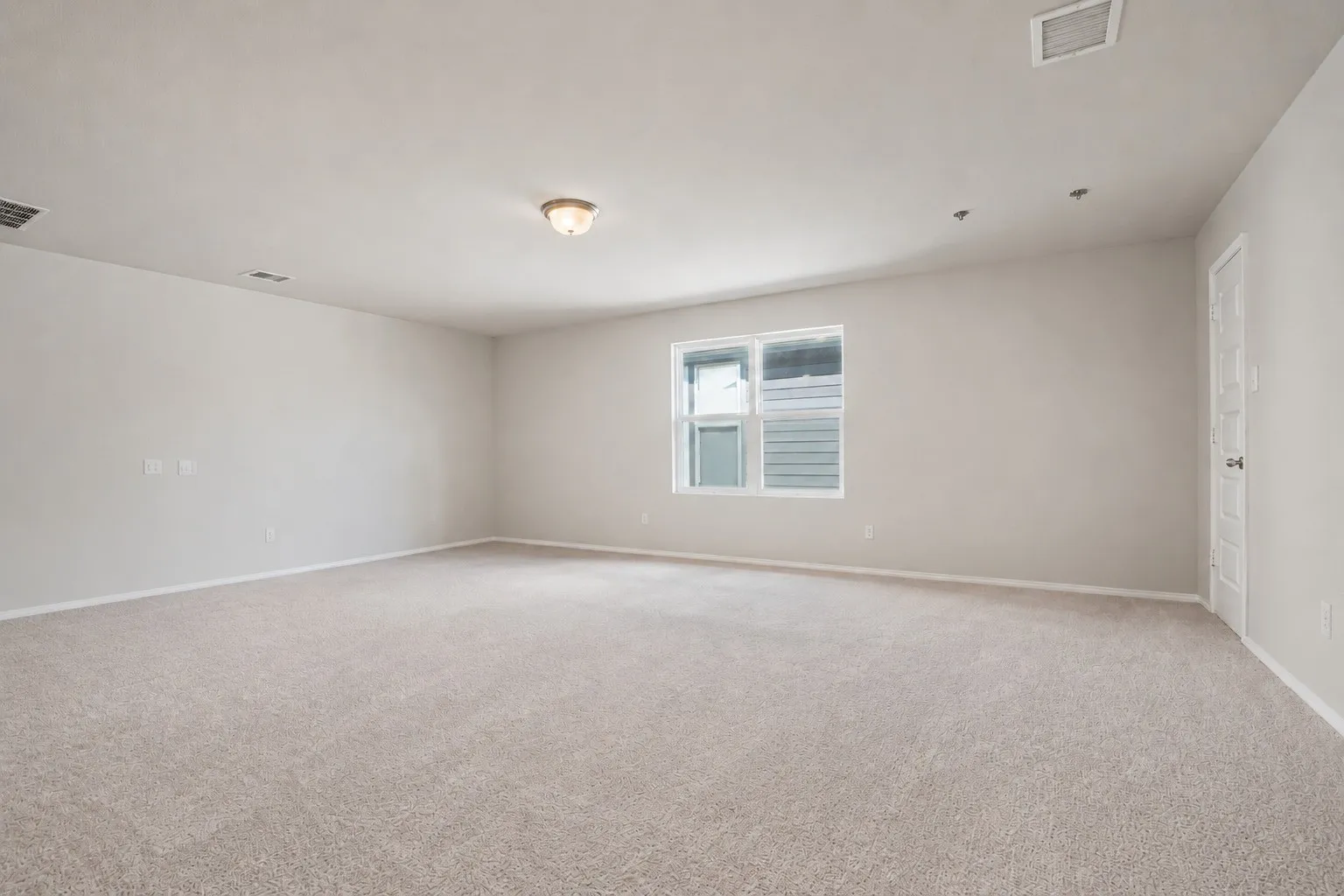 Spacious room featuring light-colored carpeting, neutral wall paint, a double-hung window, and a flush mount ceiling light