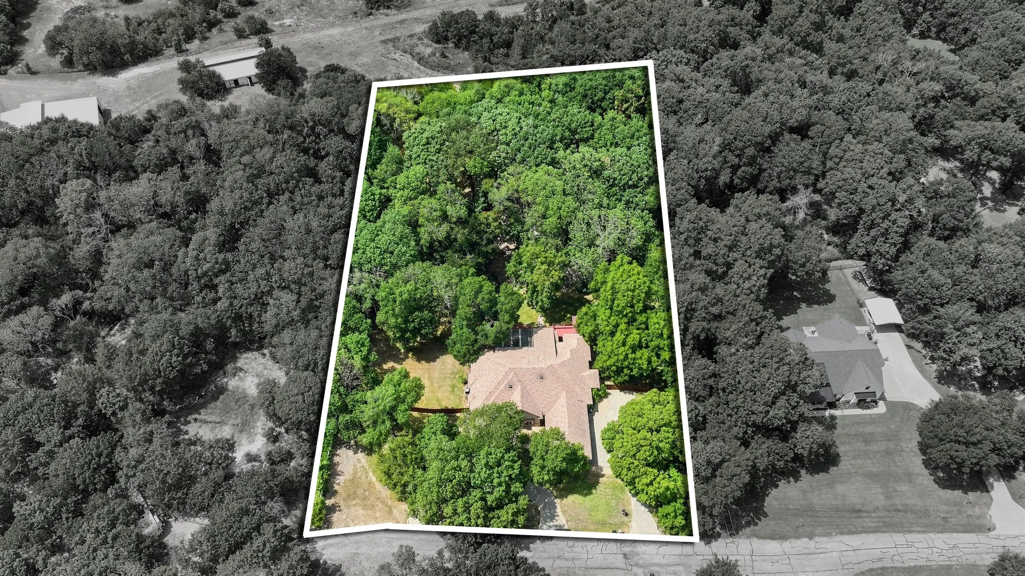 Expansive property with mature trees surrounding a residential structure, featuring a tile roof and a paved driveway