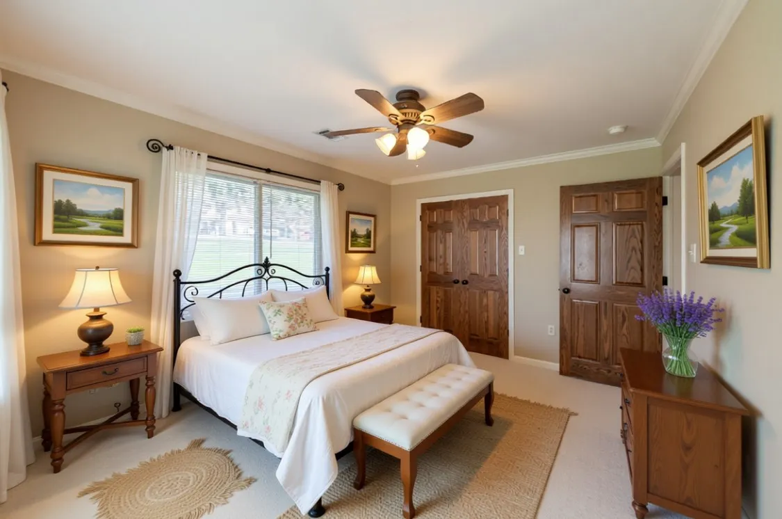 Bedroom with a closet, ornamental
molding, ceiling fan, and light colored carpet. Furniture is AI generated.