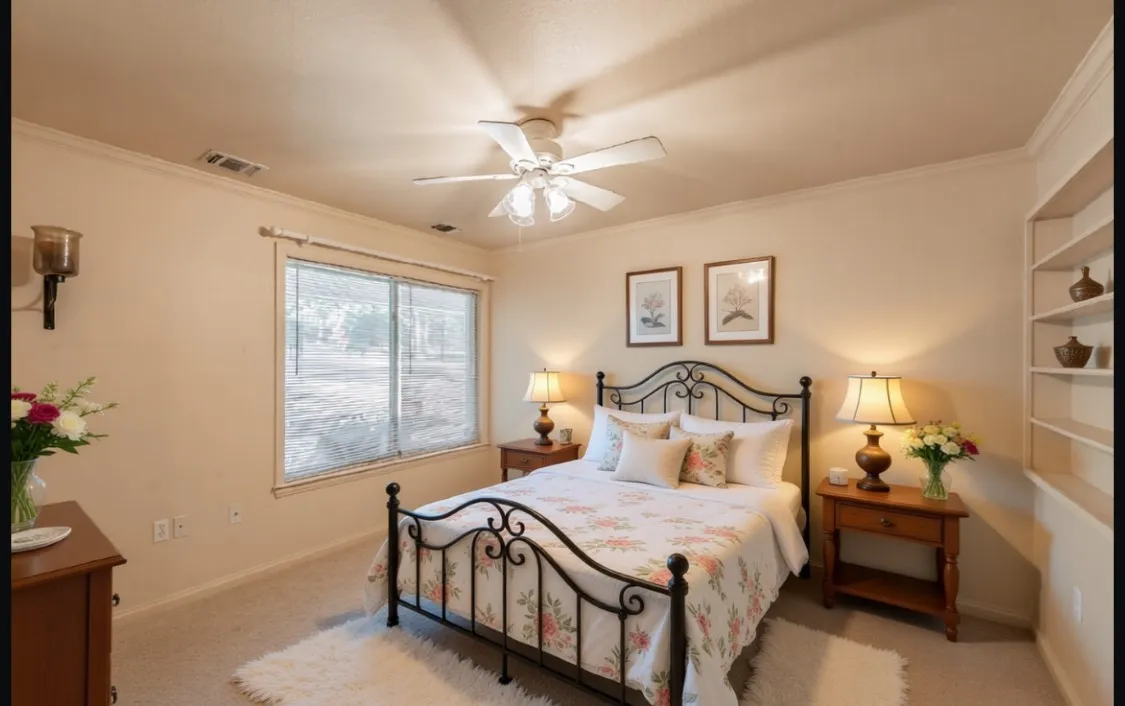 Bedroom featuring crown molding, light  colored carpet, and a ceiling fan, custom shelving builtins. Furniture AI generated.