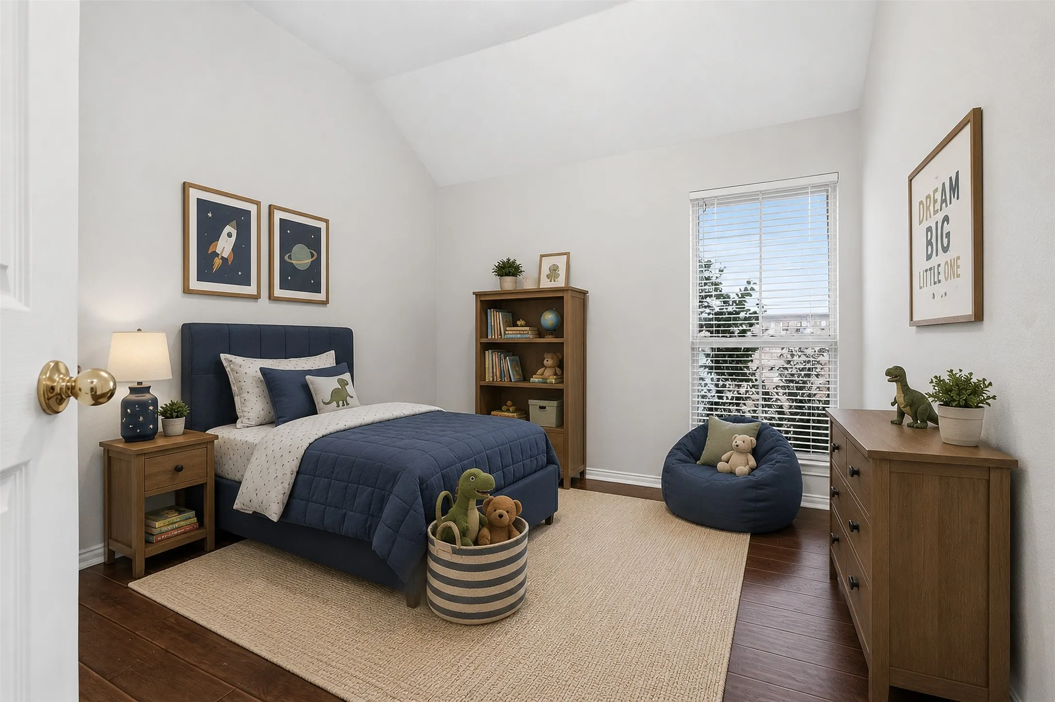 Vaulted ceiling, wood-finish flooring, single window with blinds, and white wall finishes