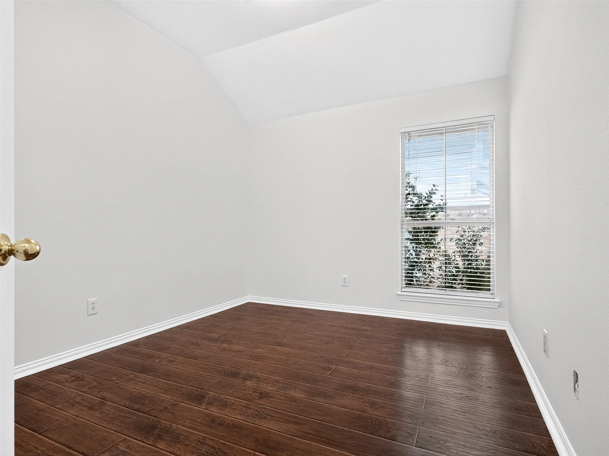 Dark wood-finish flooring with white baseboards
