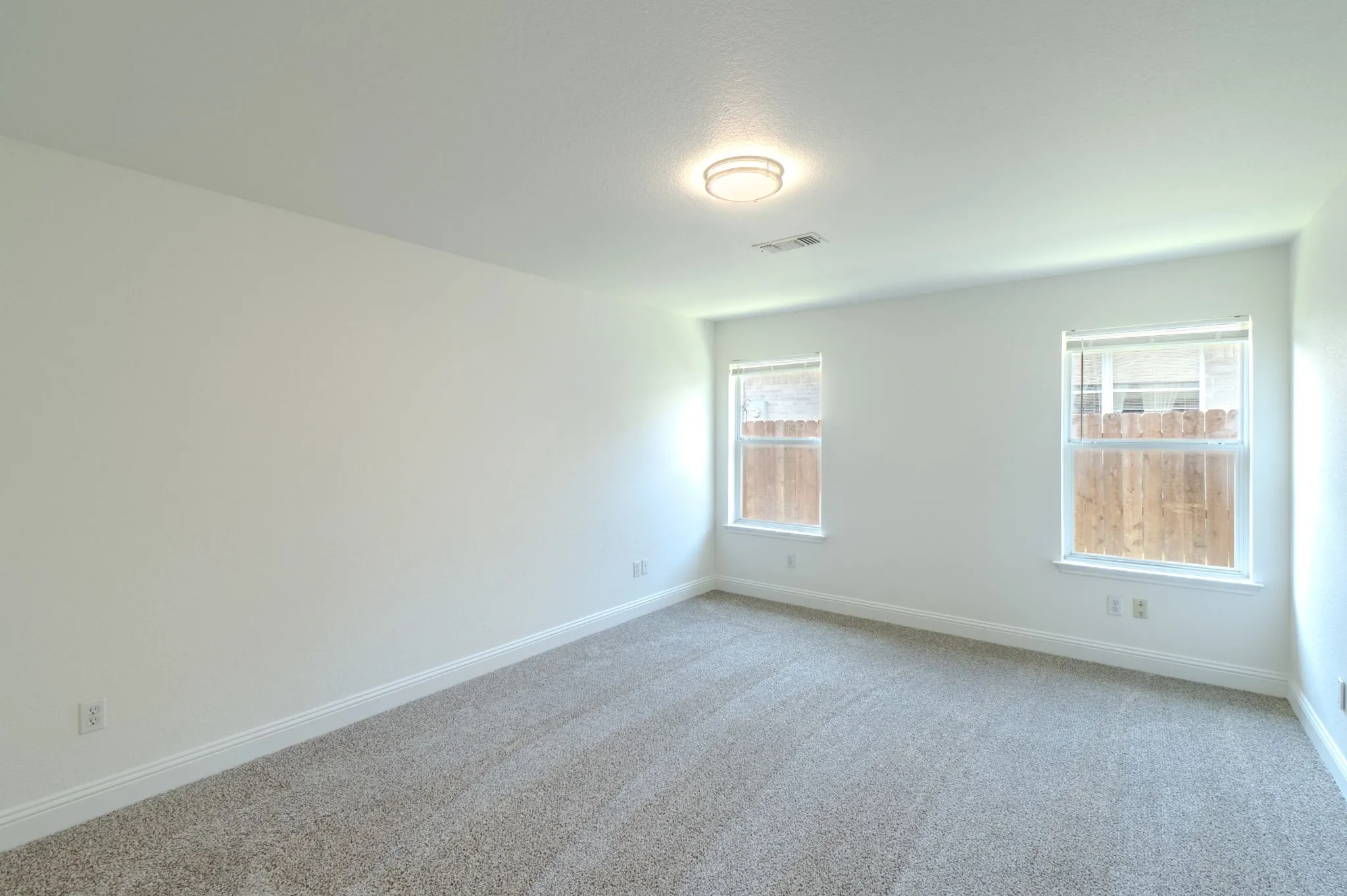 Neutral wall paint, two windows, wall-to-wall carpeting, and a flush mount ceiling light