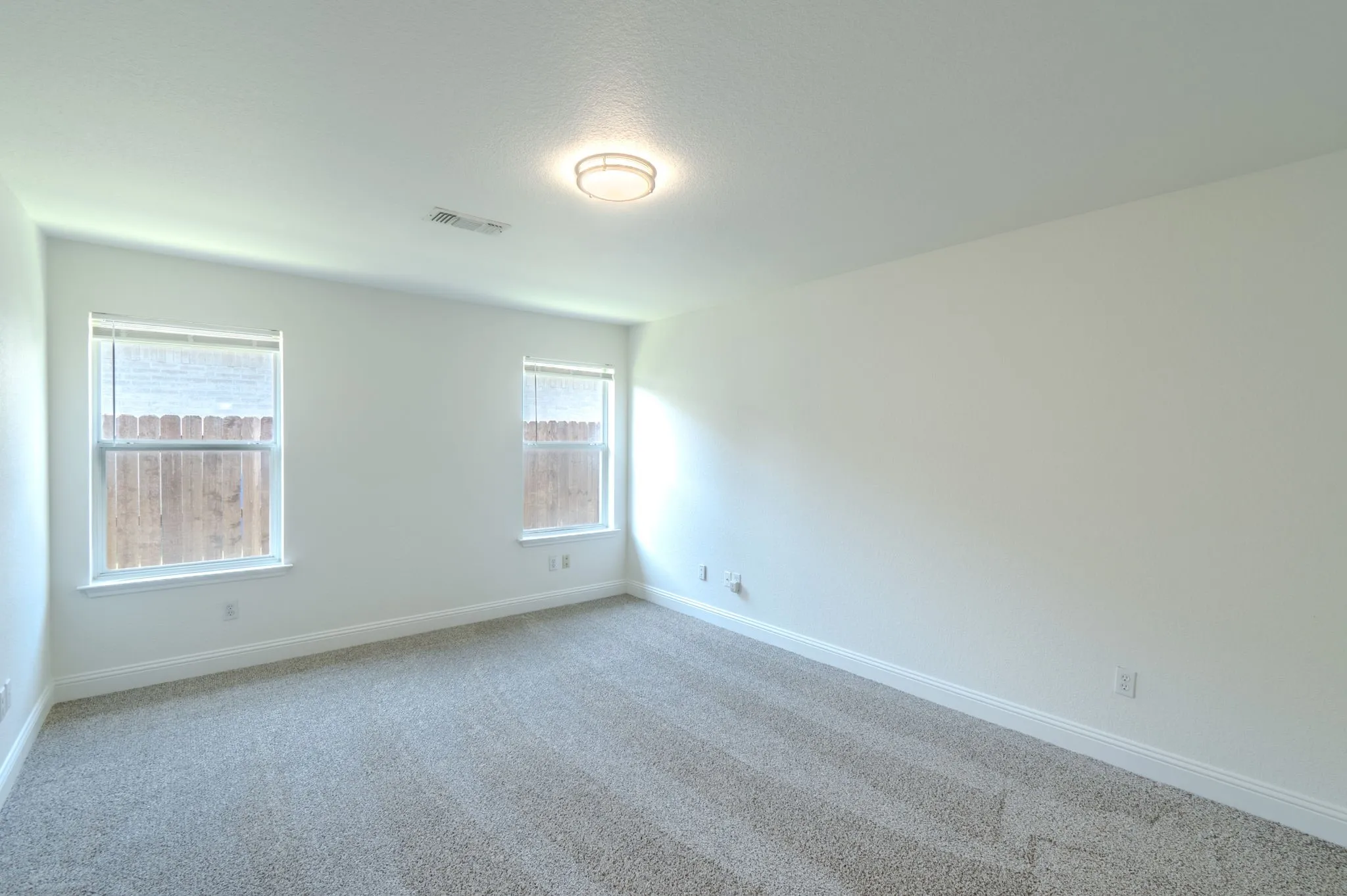Neutral tone wall finishes, two windows with blinds, flush mount ceiling lighting, and carpet flooring