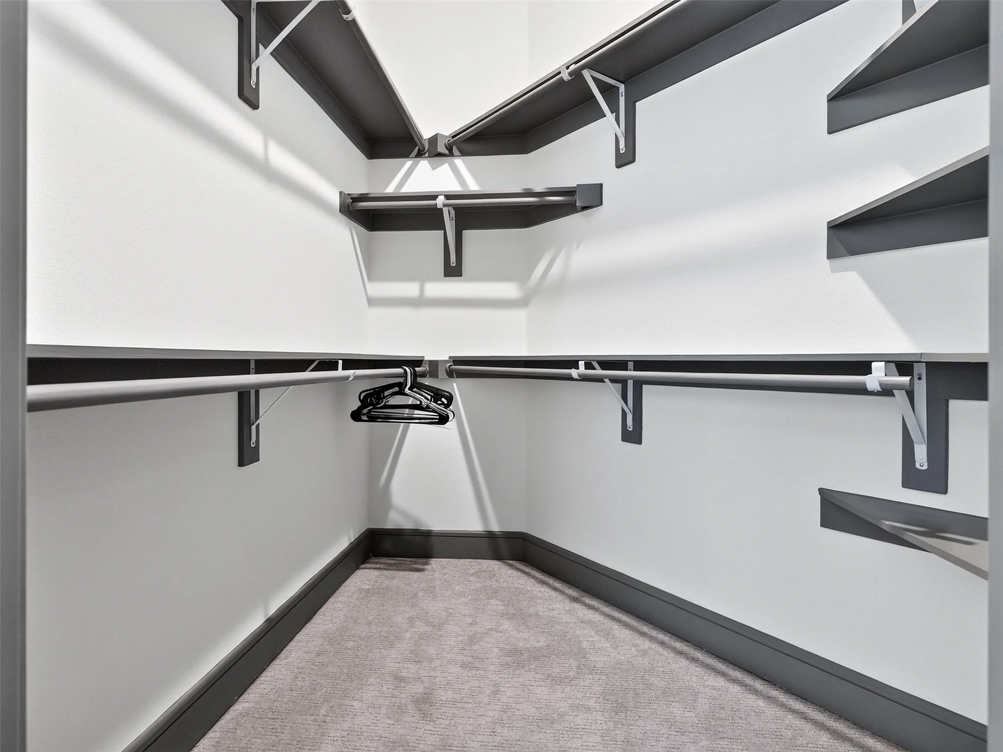 Walk-in closet featuring built-in shelving, hanging rods, and grey carpeting