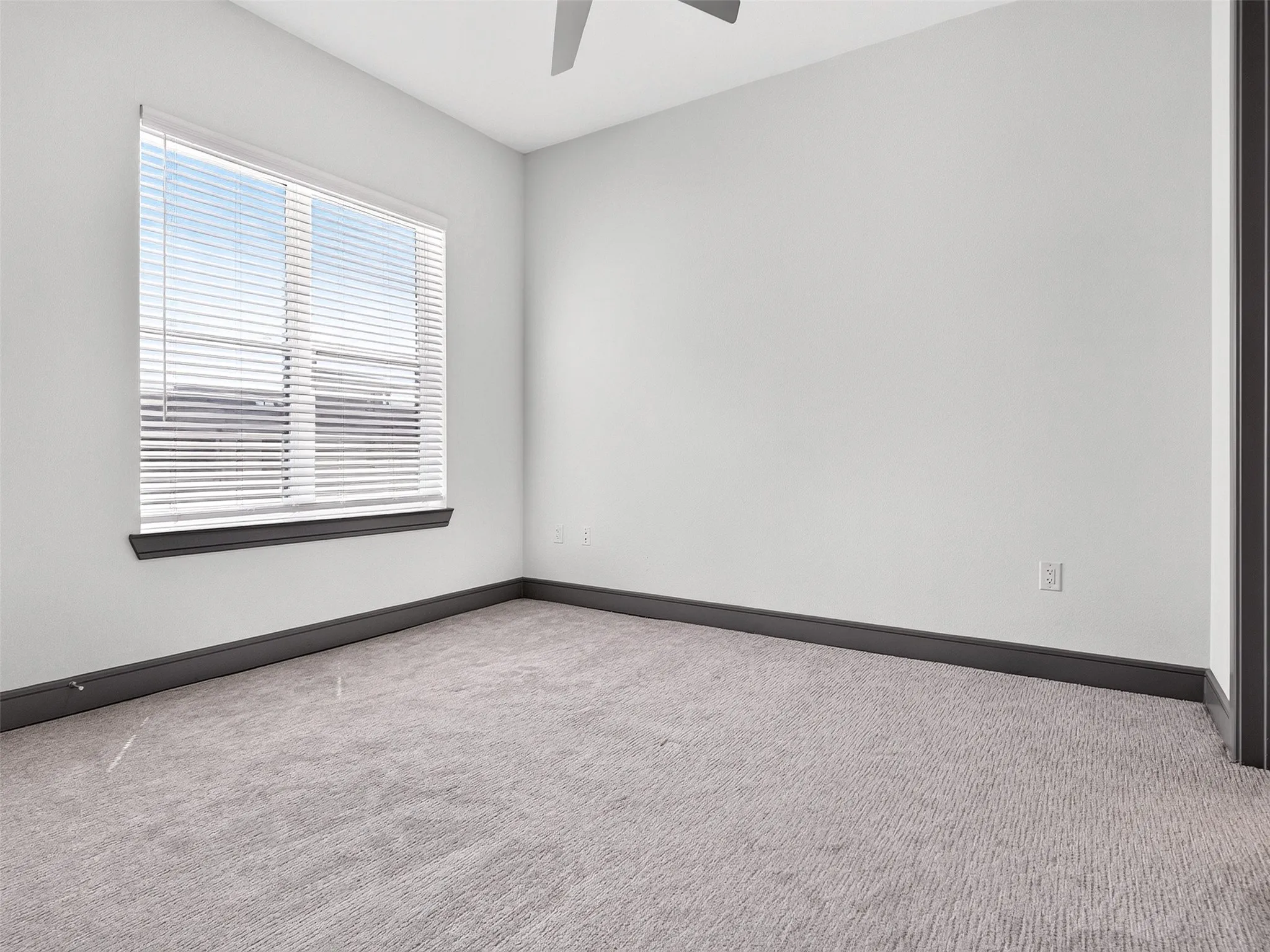 Spacious room featuring light-toned walls, a single window with horizontal blinds, dark trim, and patterned carpeting