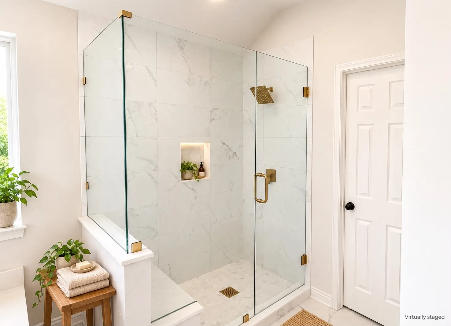 Frameless glass shower enclosure with brass-finish hardware, white tile walls, recessed shower niche with integrated lighting, and a rainfall showerhead
