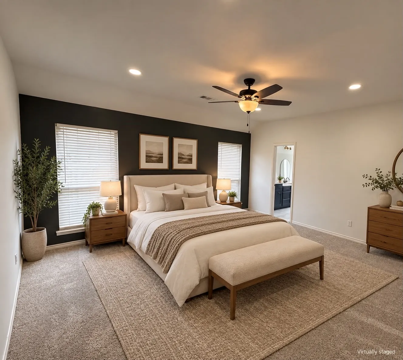 Recessed ceiling lighting, ceiling fan with integrated light, multiple windows with blinds, and neutral carpeting