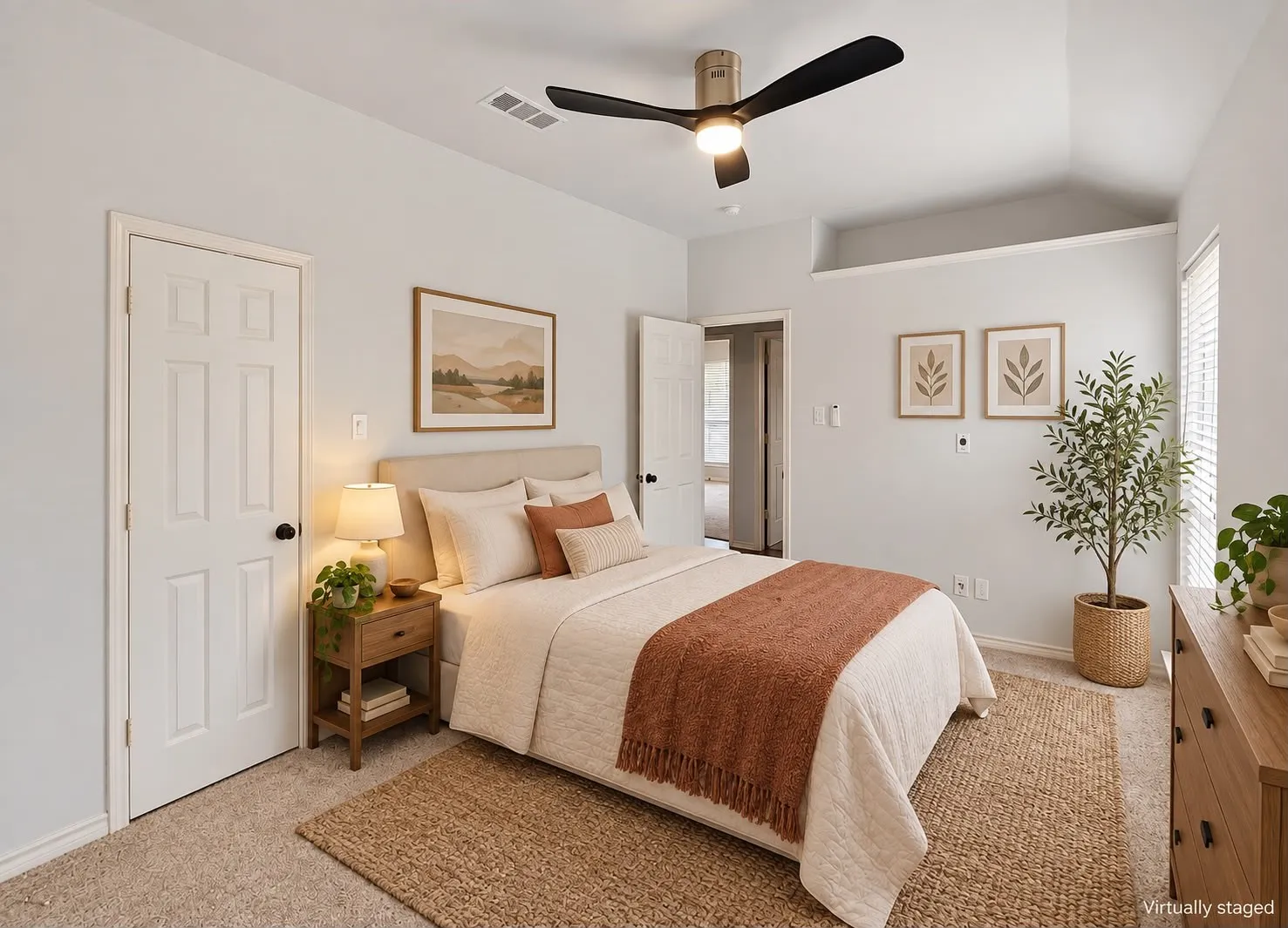 Vaulted ceiling, ceiling fan with integrated lighting, paneled interior door, window with blinds, and light-toned carpeting