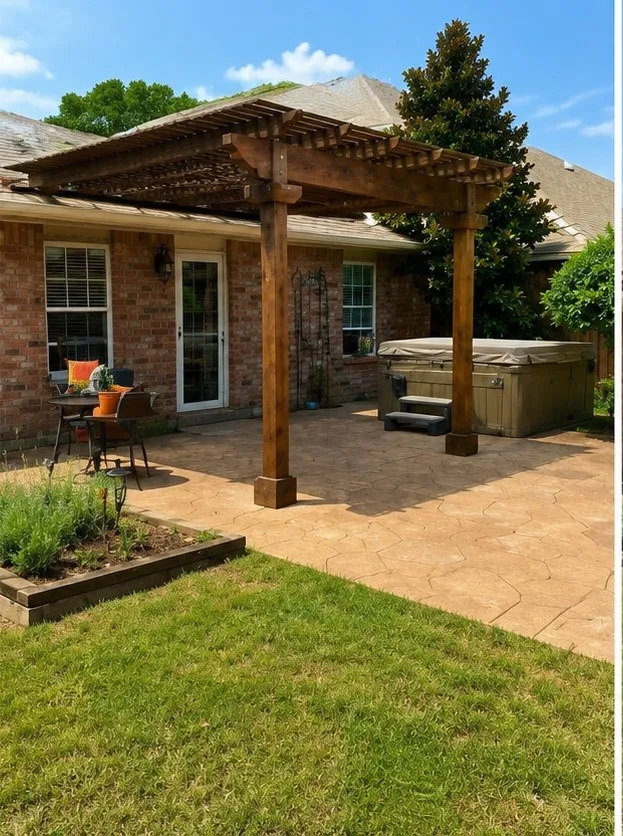 Brick exterior with a wood pergola, stamped concrete patio, and a raised garden bed