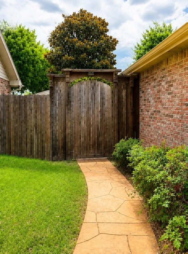Curved flagstone pathway leading to a wooden gate with an arched top, flanked by a brick exterior and established shrubs