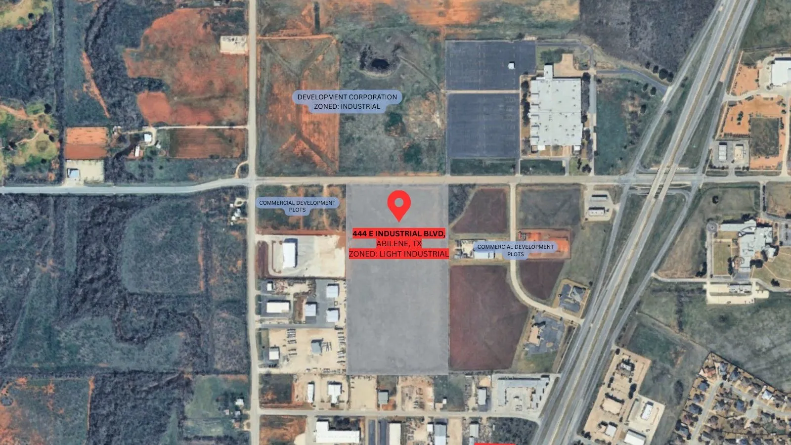 Aerial Map. Overview of the property at 444 E Industrial Blvd, Abilene, TX, indicating its zoning as Light Industrial, with surrounding areas zoned Industrial and Commercial Development Plots