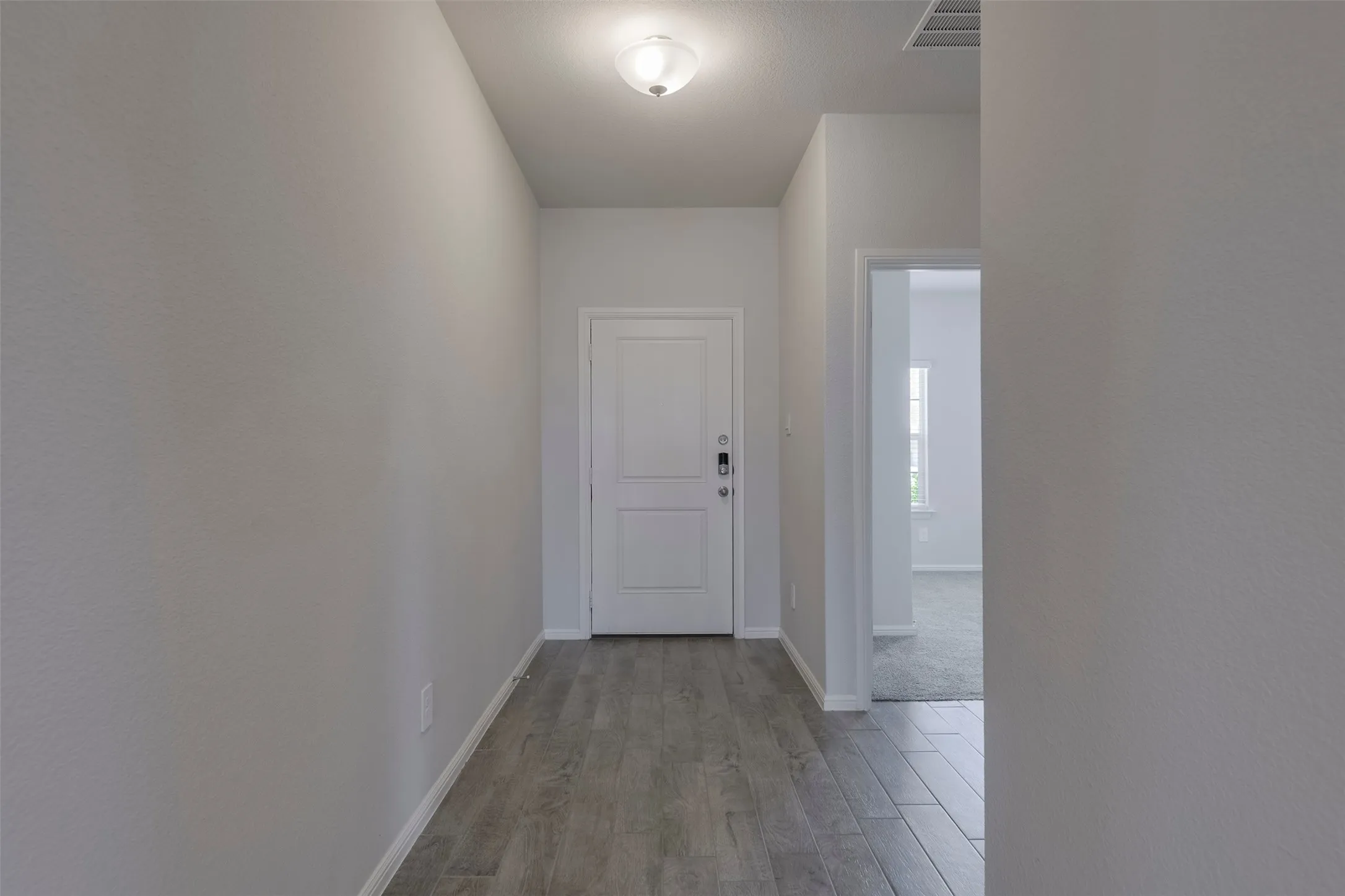 Entryway featuring wood-finish flooring, a flush mount ceiling light, and a white paneled door