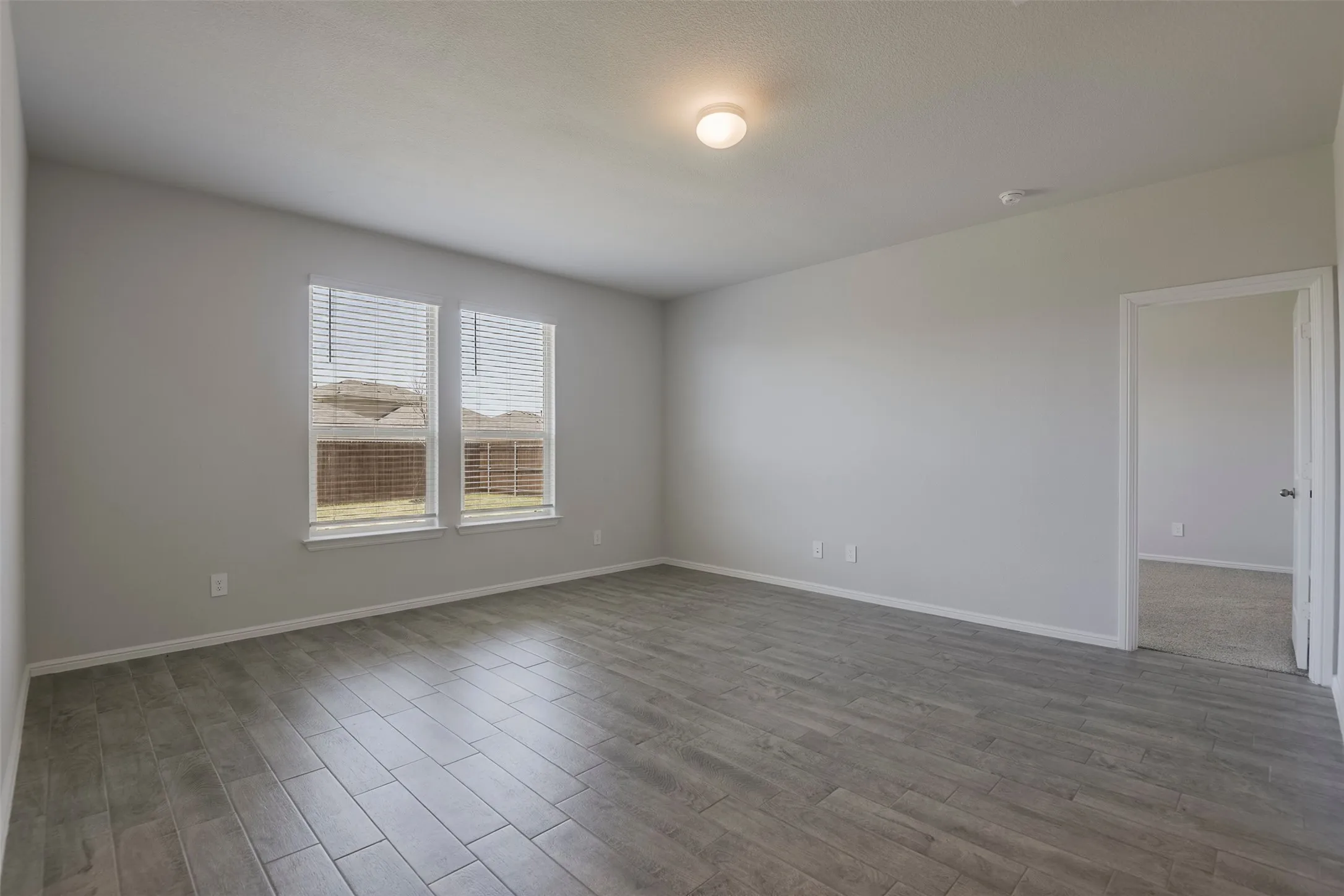 Neutral tone wall paint, wood-finish tile flooring, two windows with blinds, and ceiling-mounted light fixture