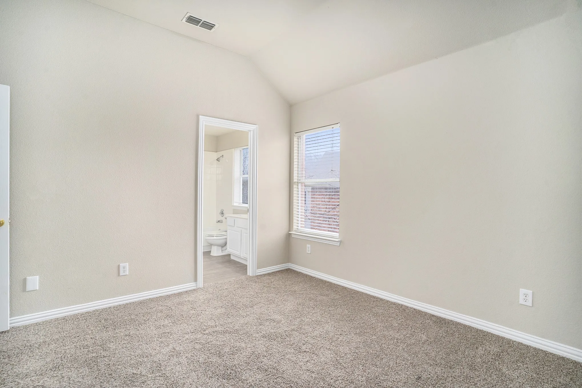 Empty room with carpet floors and lofted ceiling